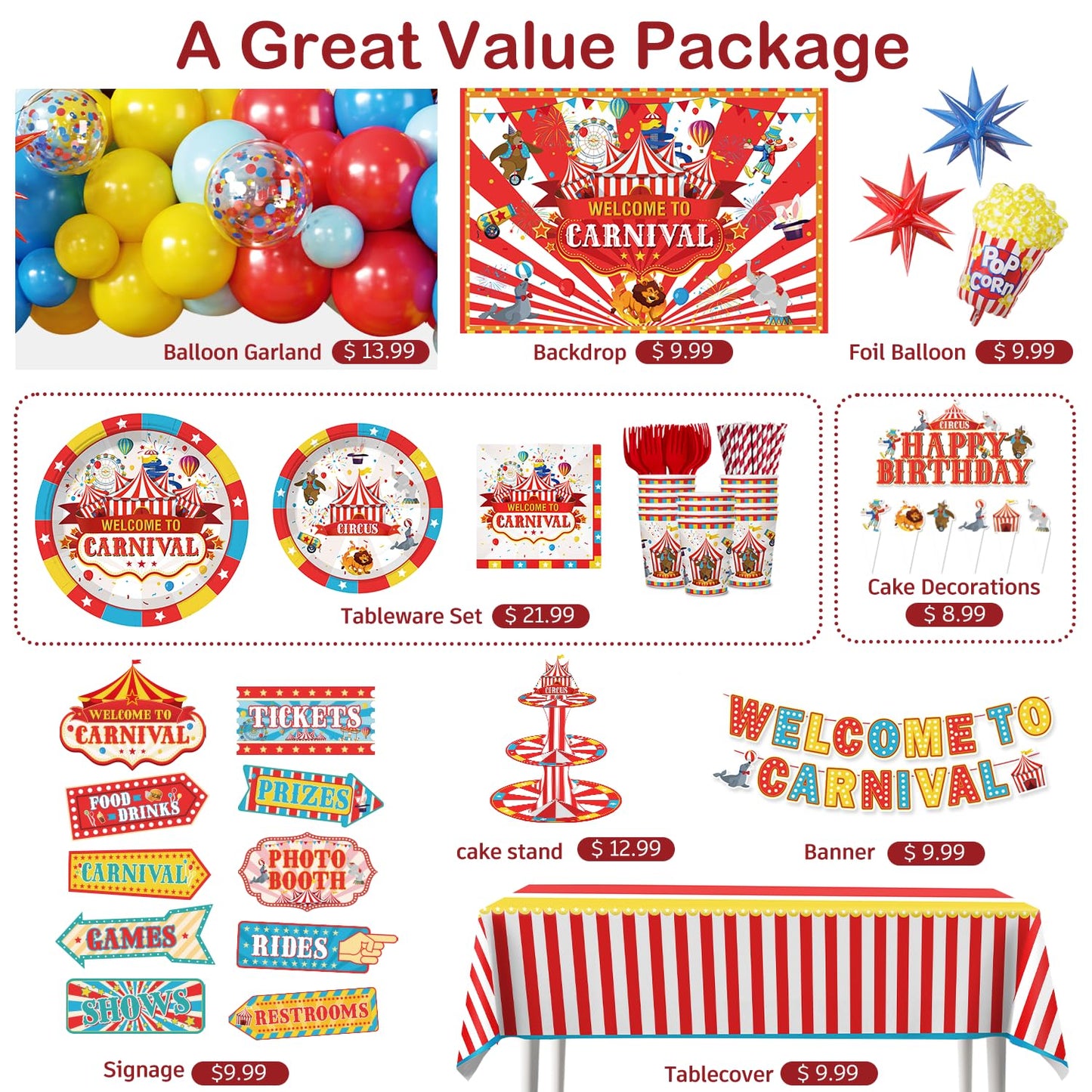 Cocomigo 302 PCS Circus Theme Party Decorations, All-in-One Carnival Theme Party Decorations Set with 25pcs Plates, Napkins, Tablecloths, Banner, Balloon Arch Circus Party Decorations for Girl & Boy
