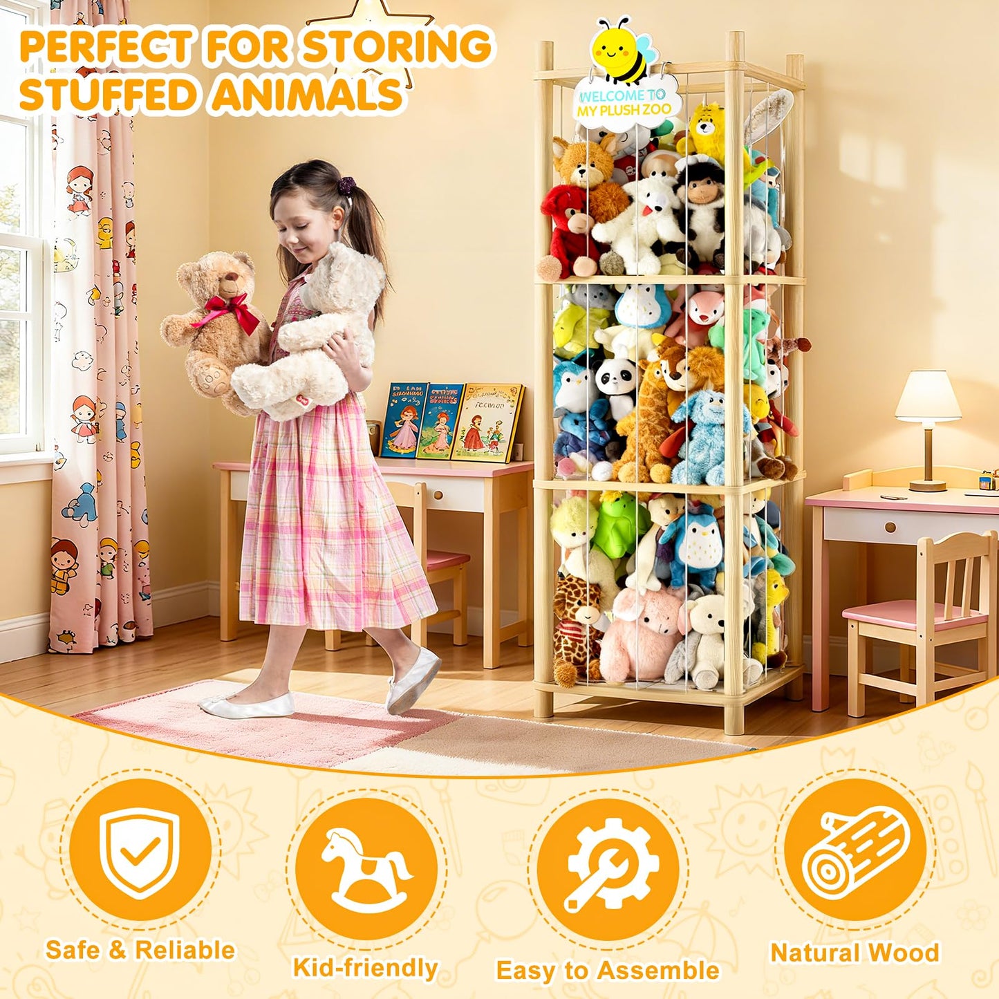 Hsenowi Stuffed Animal Storage Zoo Organizer Natural Pine Plushies Storage with Elastic Bands Vertical Wood Toy Holder Mesh Net Space Saving Design for Playroom Nursery Kids Bedroom