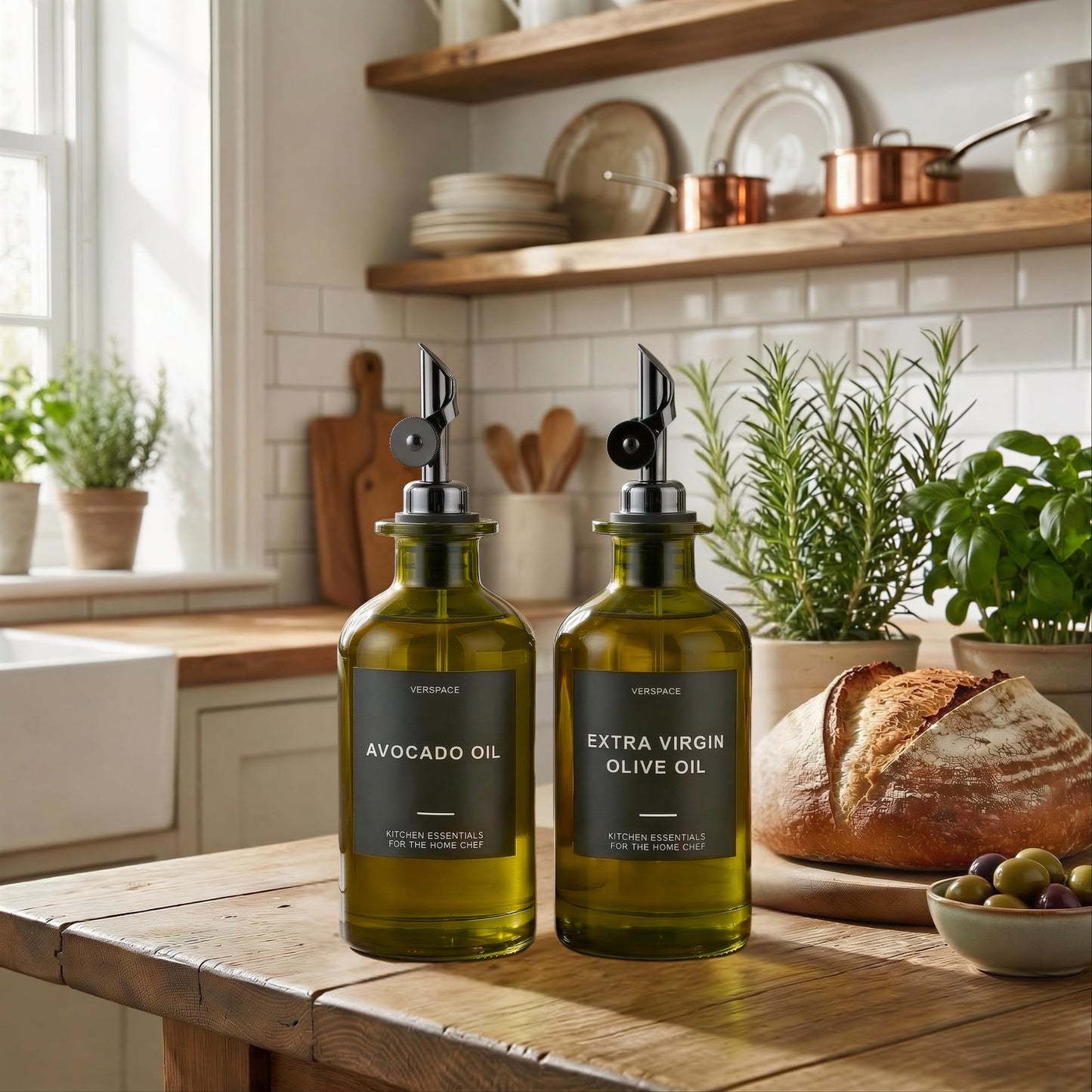 Verspace UV-Protected Green Glass Olive Oil Dispenser Bottles For Kitchen - 2 Pack - 17oz Includes 40 Kitchen Essential Labels, Avocado Oil Dispenser Set, Modern Decor for Home, Airbnb, Cafe