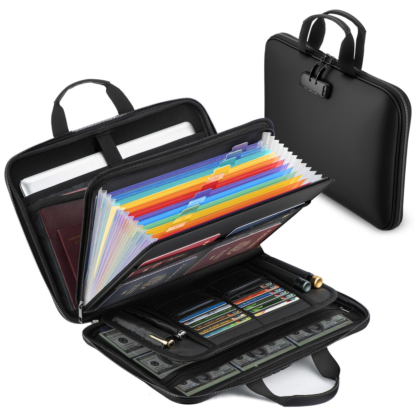 Fireproof Document Box with Combination Lock, Hard-Shell Fireproof File Organizer for Legal Documents, Laptop, Valuables & Important Papers, 13-Pocket Accordion File Folder