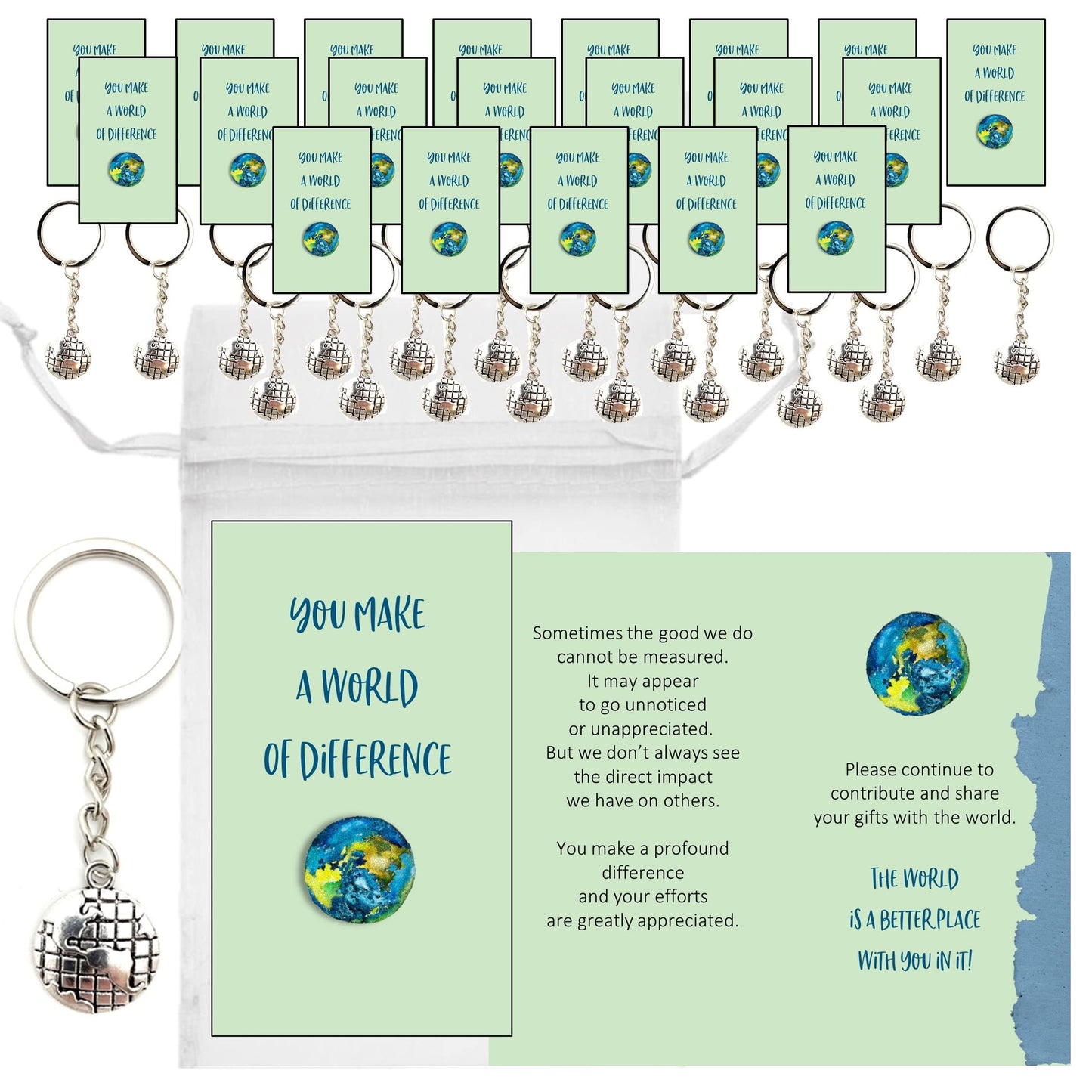 Smiling Wisdom - 20 Bulk Gifts - You Make A World of Difference - Staff Employee Appreciation 3.5x2in Cards & Keepsake Gifts - 60pcs - Silver World Keychains