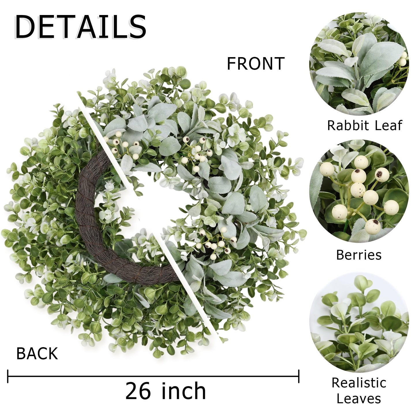 26 Inch Large Lambs Ear Wreaths for Front Door Spring Summer Lambs Leaves with White Berries, Artificial Greenery for Farmhouse Porch Wall Living Room Home Wedding Decor for All Seasons Wreaths