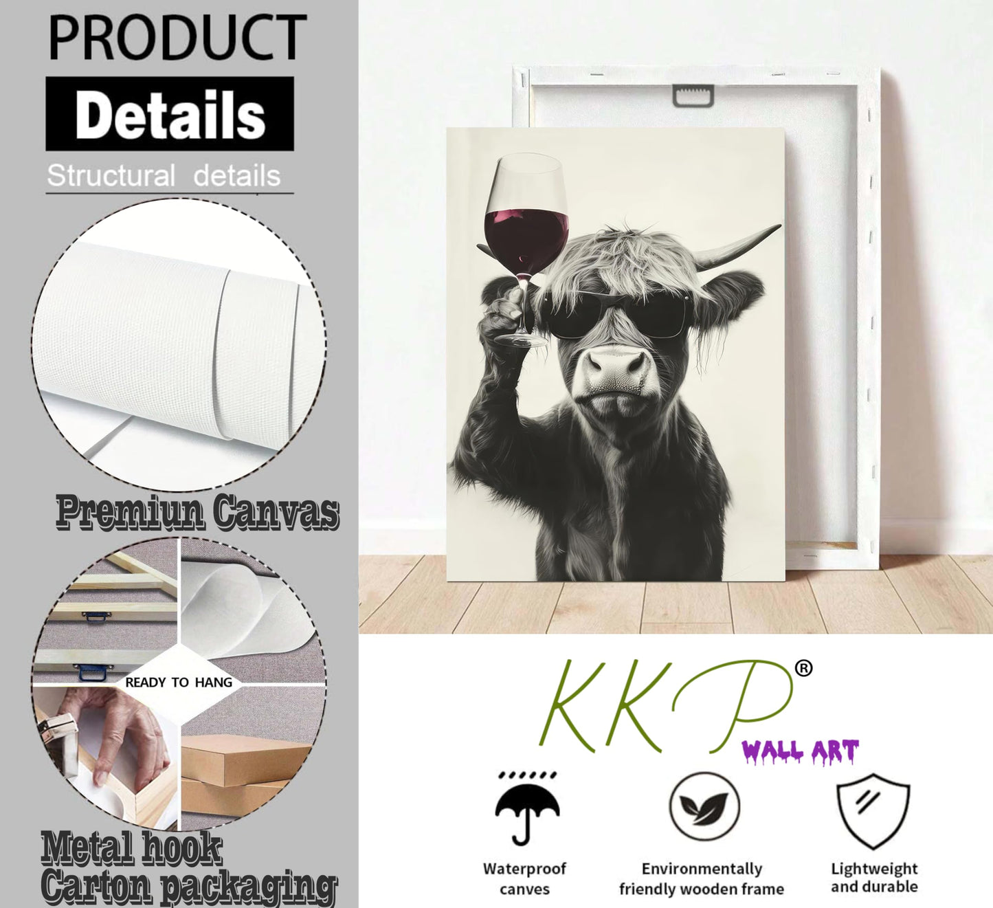 KKP Funny Highland Cow Wall Art Set of 3 - Canvas Prints Farmhouse Rustic Kitchen, Bar Cart & Dining Room Decor - Animal Lovers Home Decoration, Ready to Hang Gallery Wall Art