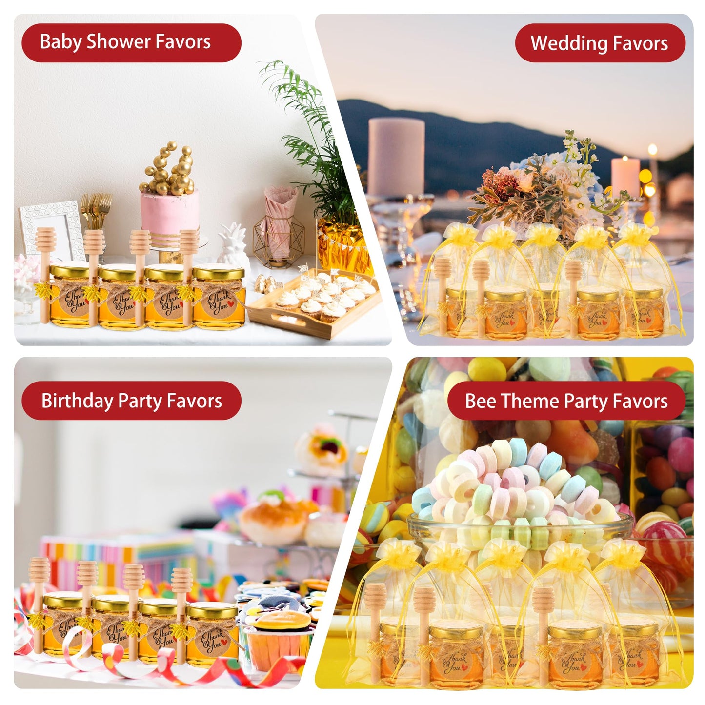 60 Pack Mini Glass Honey Jars Party Favors,1.5 oz Small Hexagon Glass Honey Jars with Dippers,Lids,Gold Bags,Bee Charms,Thank You Cards,Jute,Cute Stickers for Baby Shower Favors,Wedding party gift