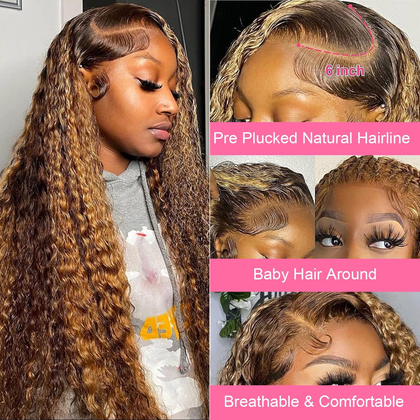 ZZMDS 26 Inch 13x6 Highlight Ombre Deep Wave Lace Front Wigs Human Hair Pre Plucked #4/27 Colored Glueless Wigs Water Wave Honey Blonde Curly Lace Frontal Wigs Human Hair for Women with Baby Hair