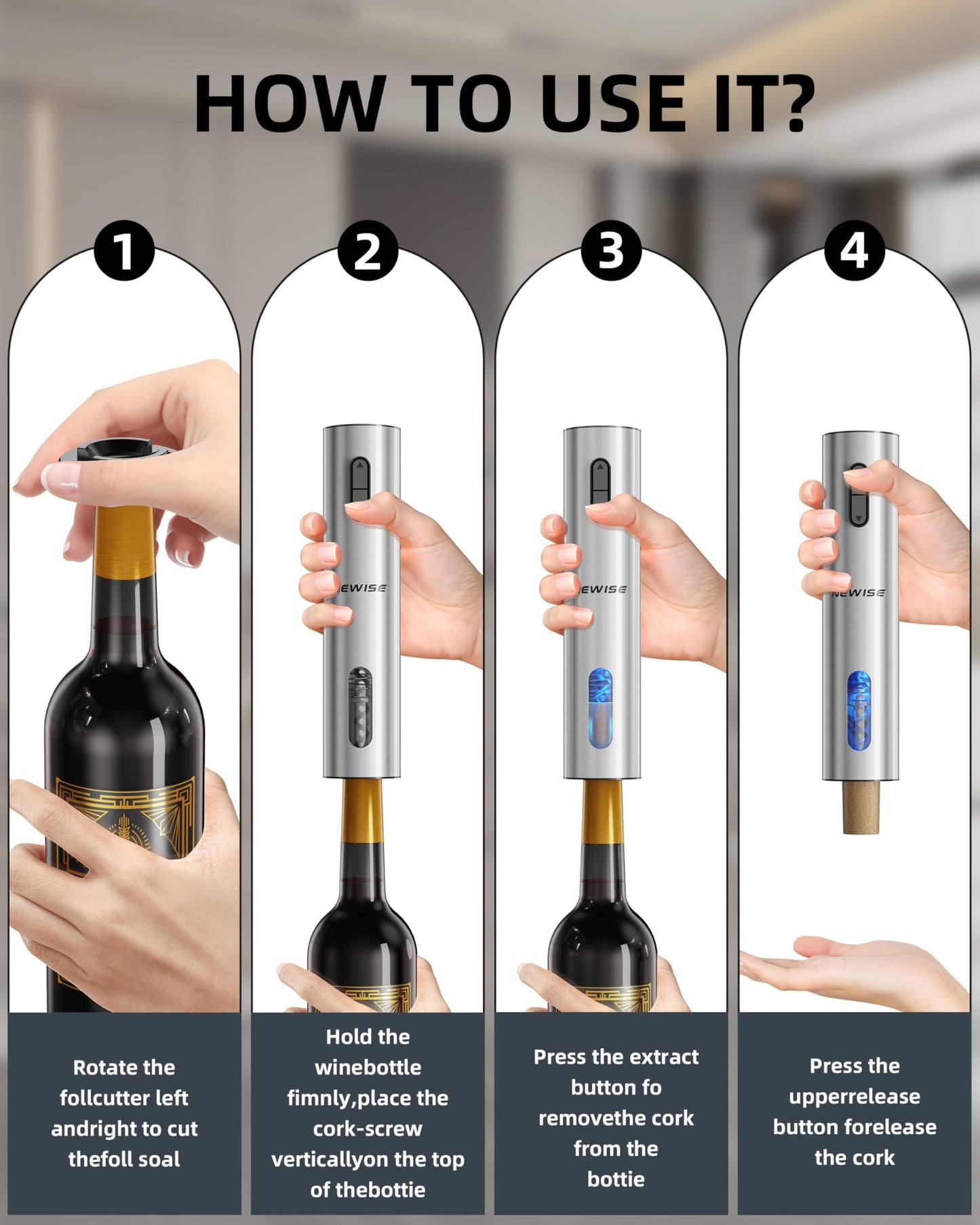 Newise Rechargeable Electric Wine Gift Set: Wine Opener, Aerator, Vacuum Stoppers & Foil Cutter - Wine Lovers Gifts for Women Men - Christmas & White Elephant Gifts