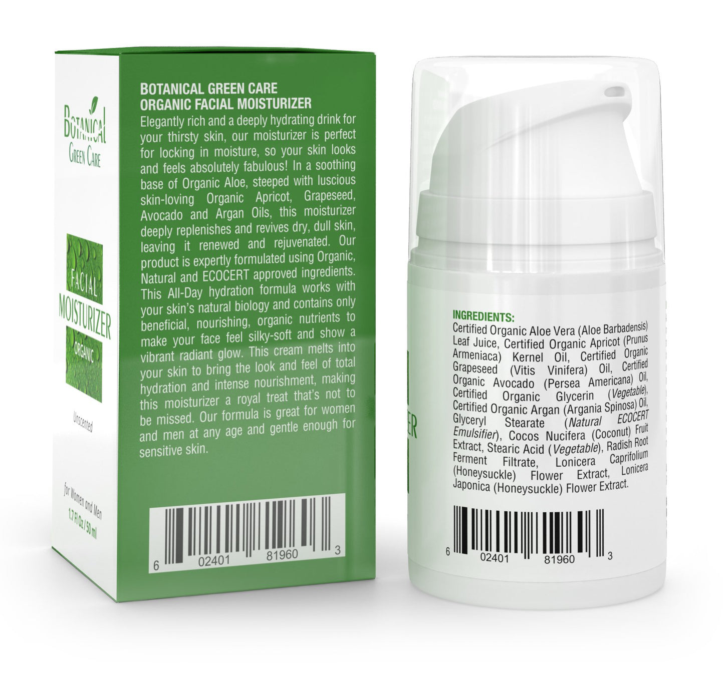 Botanical Green Care Organic Facial Moisturizer. Anti aging Face Cream. Moisturizer Face Cream. Natural Face Moisturizing Cream for Sensitive, Dry & Normal Skin for Women and Men