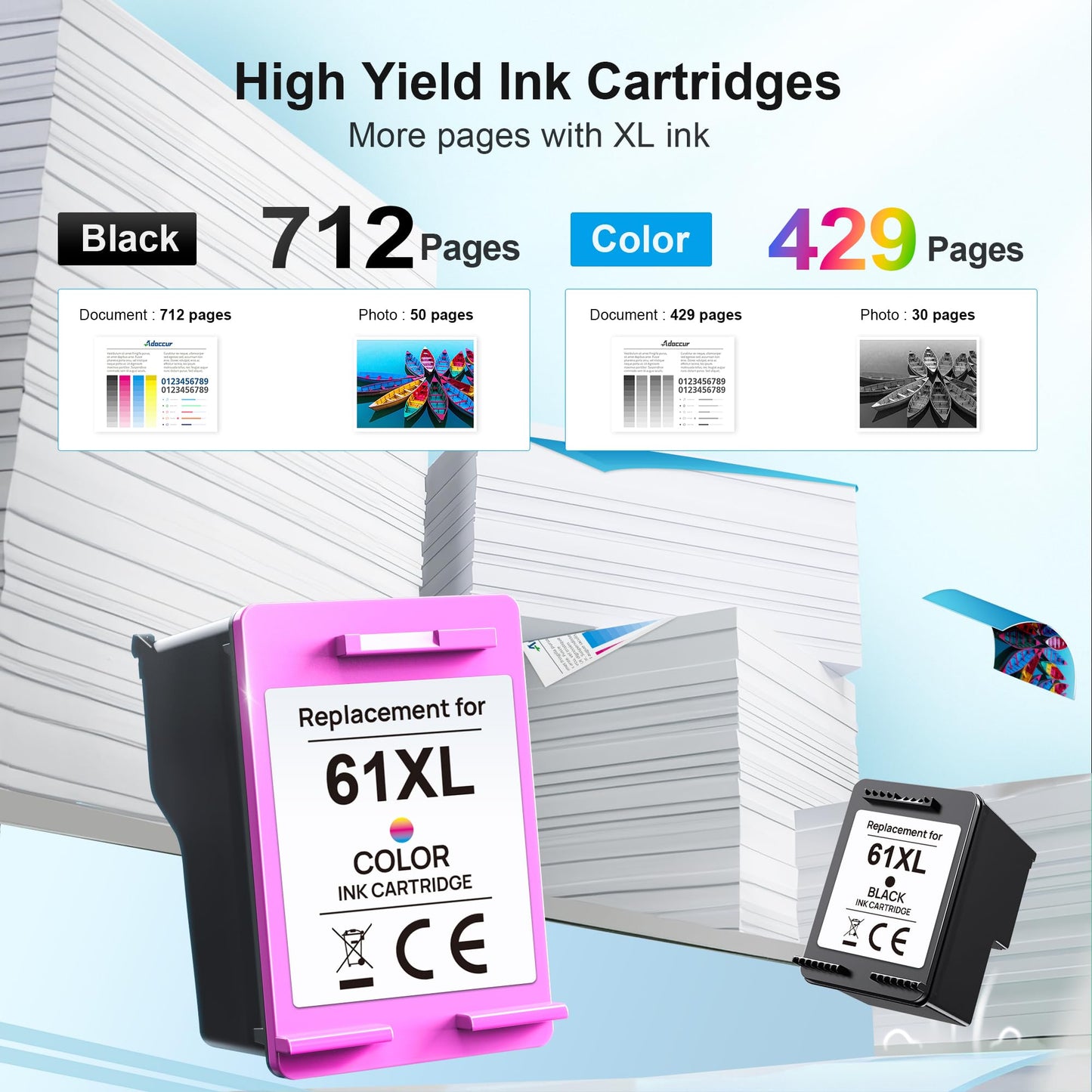 Adoccur Remanufactured Ink Cartridge Replacement for HP Ink 61 61XL Ink Works with HP Envy 4500 5530 5534 4502 Deskjet 1000 1010 2540 3000 3510 Officejet 4630 4635 Printer (1 Black, 1 Tri-Color)