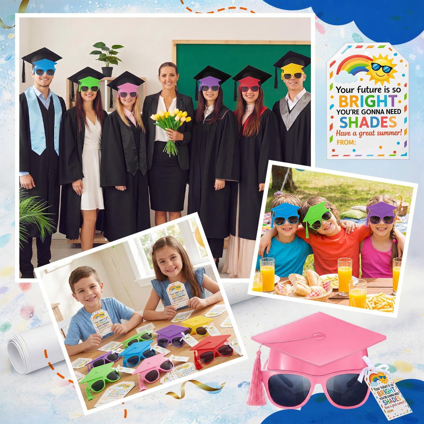 Weewooday 24 Pcs 12/24 Pcs End of School Year Gifts, Kids Graduation Sunglasses, 2026 Pre K Graduation Gifts, Future Is Bright Tags
