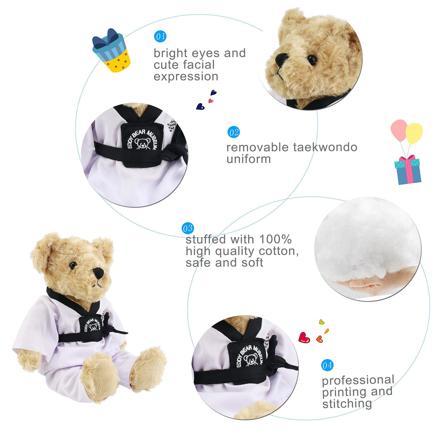 Houwsbaby Teddy Bear Stuffed Animals with Taekwondo Uniform Birthday Gift for Kids Boys Girls Valentine's Day, 20CM
