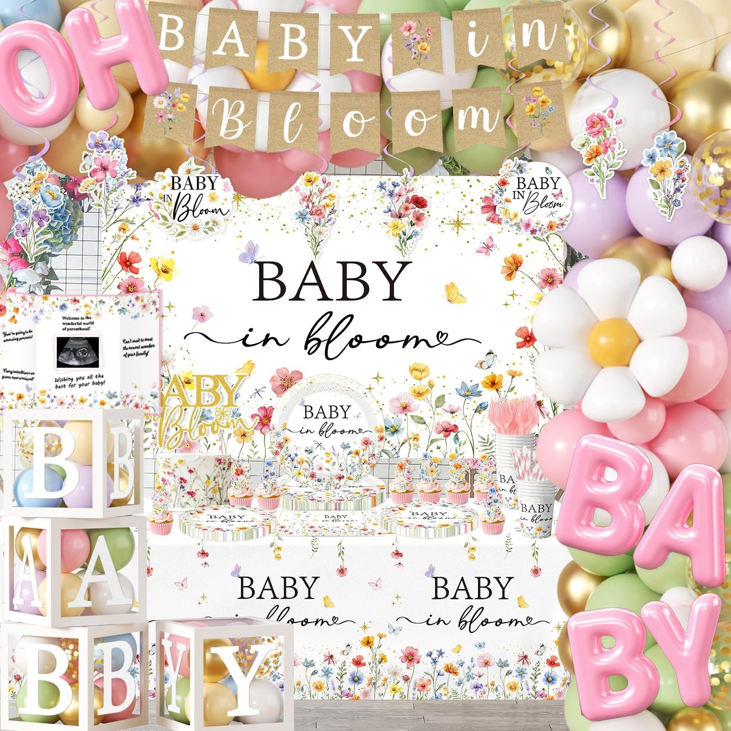 275Pcs Baby in Bloom Baby Shower Decorations for Girl Wildflower Baby in Bloom Disposable Paper Plates,Balloons Arch,Cake Topper,Backdrop,Cup,Tablecloth for Floral Baby Shower Party Decor Supplies