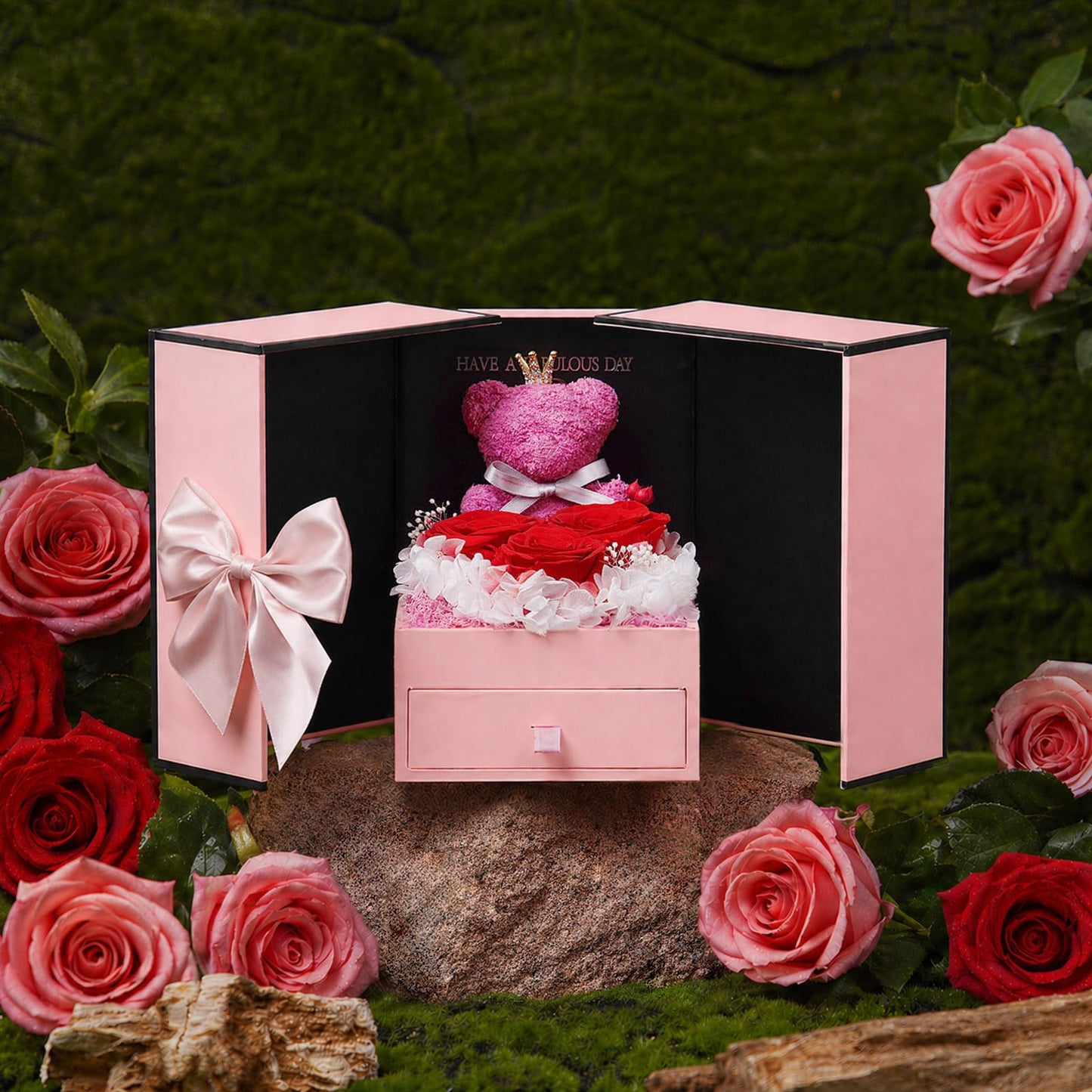 ADDWel Gifts for Mom Birthday Mothers Day - Real Preserved Rose Gift with 925 Sterling Silver Mom Necklace and Cute Teddy Bear, Timeless Elegant Gift from Husband Son or Daughter, Unique Moms Gifts
