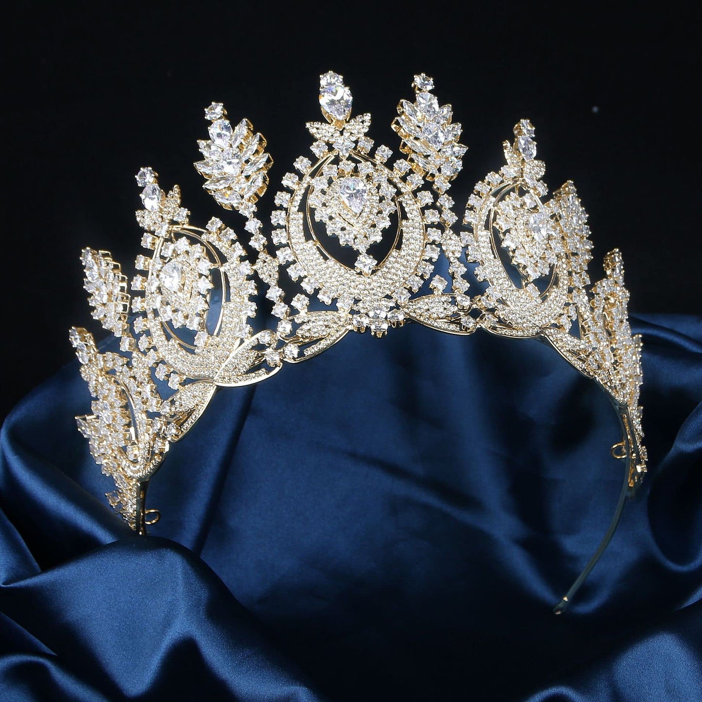 Big Crown for Women Cubic Zirconia Gold Bride Tiara for Wedding Prom Quince Pageant Sweet 16 Birthday Tiaras Tall Crystal Headband