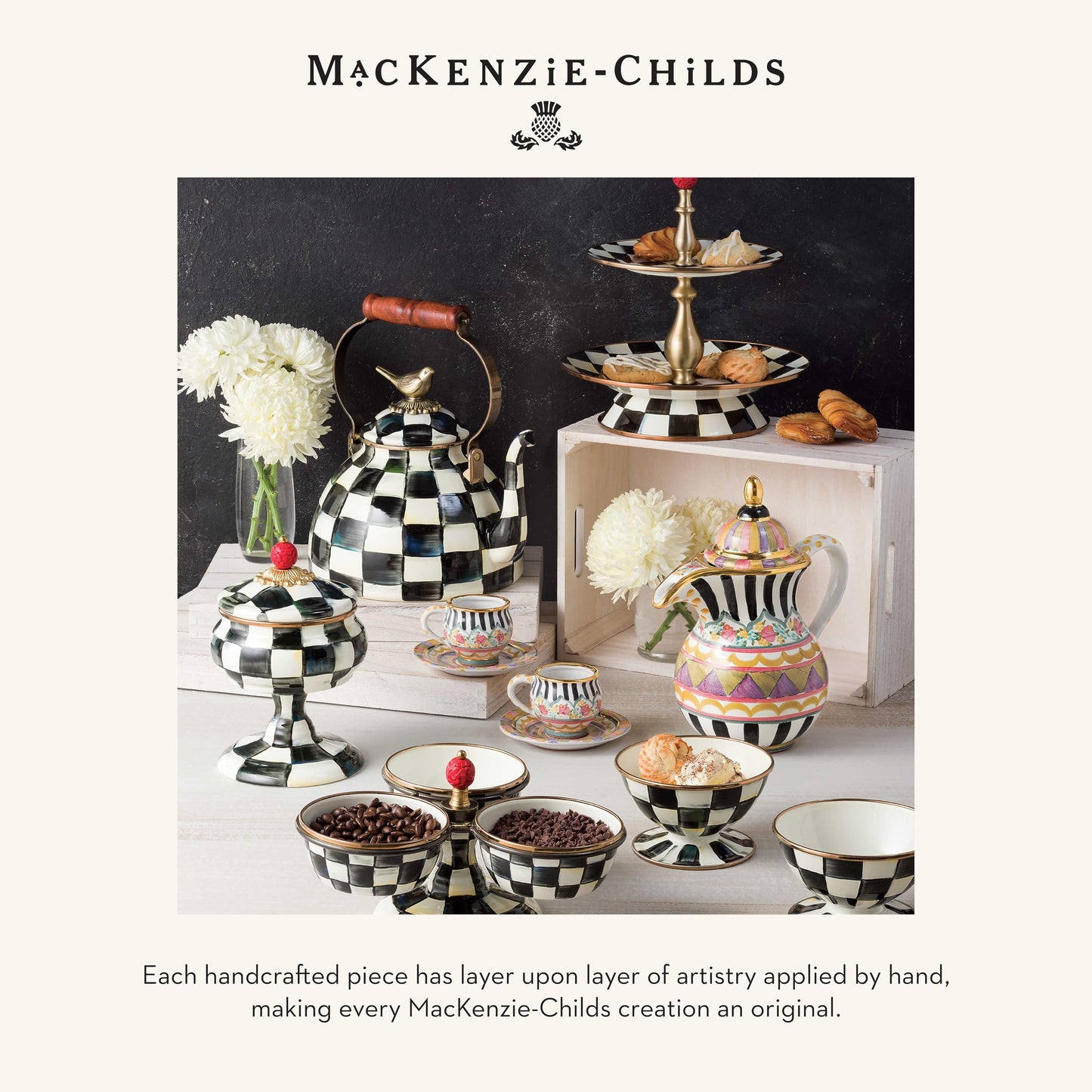 MACKENZIE-CHILDS Enamel Mug, Cute Enamelware Coffee and Tea Mug, Unique Drinkware, 16 Ounces, Black-and-White Courtly Check, Set of 1