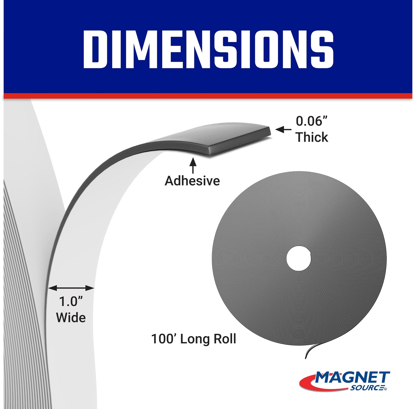 Master Magnetics Flexible Magnetic Strip - Heavy-Duty Magnet Strips with Strong Adhesive Backing for Walls, Boards, Signs, and More - 0.06" Thick - 1" W - 100 Ft - 1 Roll