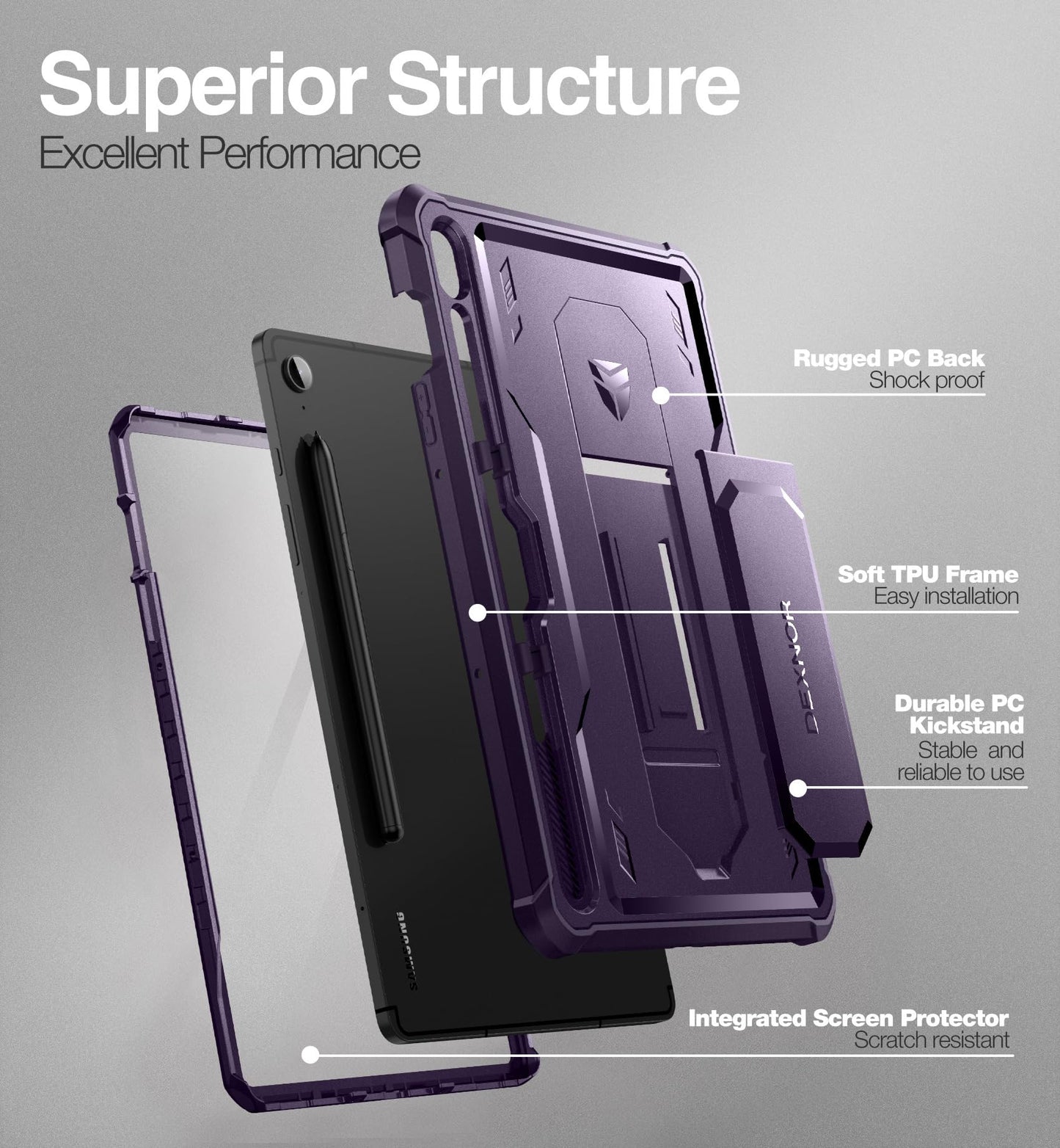 Dexnor Case for Samsung Galaxy Tab S9 FE 10.9 Inch 2023, [Built in Screen Protector & Kickstand] with Pen Holder Heavy Duty Shockproof Full Body Protective Cover for Galaxy Tab S9 FE Case-Purple
