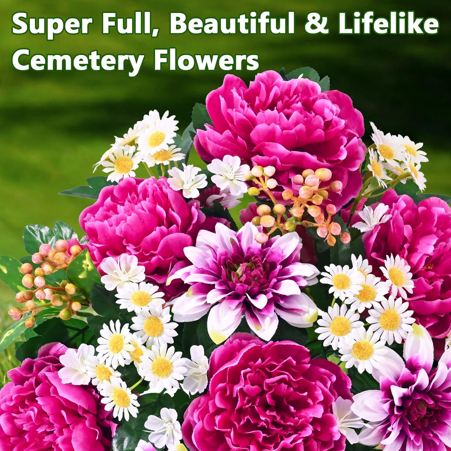 Dolicer Artificial Cemetery Flowers for Grave, Set of 2 Memorial Grave Flowers for Cemetery with Vase Realistic Silk Gravesites UV Resistant Peony Daisies Flowers Decorations (Red with White)