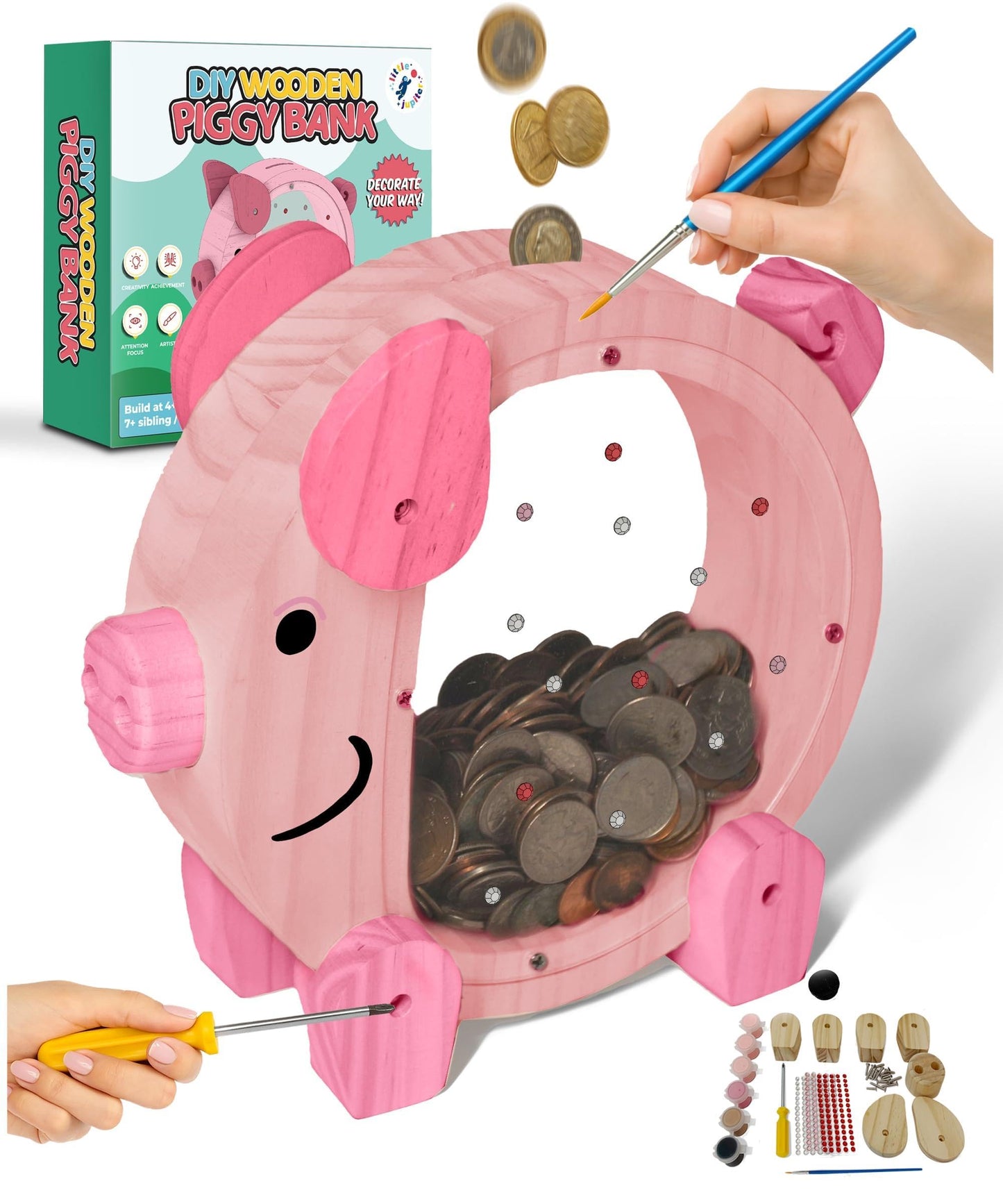 DIY Wooden Piggy Bank for Kids - Wood Building & Painting Kits for Ages 4-8 - Includes Paint, Stick on Gems, & Savings Poster - Arts & Craft Wooden Kits for Boys & Girls - Stem & Savings Craft Project