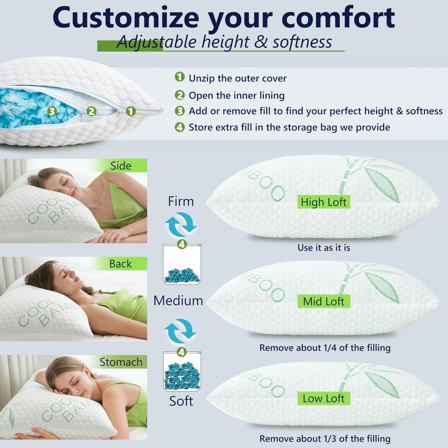 DGPEAR Cooling Pillows, Shredded Memory Foam Pillows King Size Set of 2 Adjustable Firm Bamboo Bed Pillows for Hot, Side, Back and Stomach Sleepers