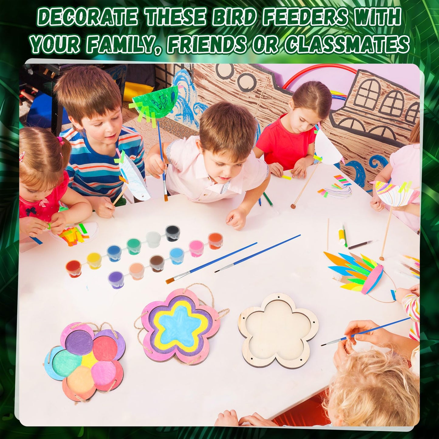 DoubleFill 24 Pcs DIY Bird Feeder Craft Kits for Kids Ages 5-8 8-12, 24 Flower Wooden Bird House, 4 Sets Watercolor and 200 Acrylic Diamonds for Children Spring Craft Activity Art DIY Project
