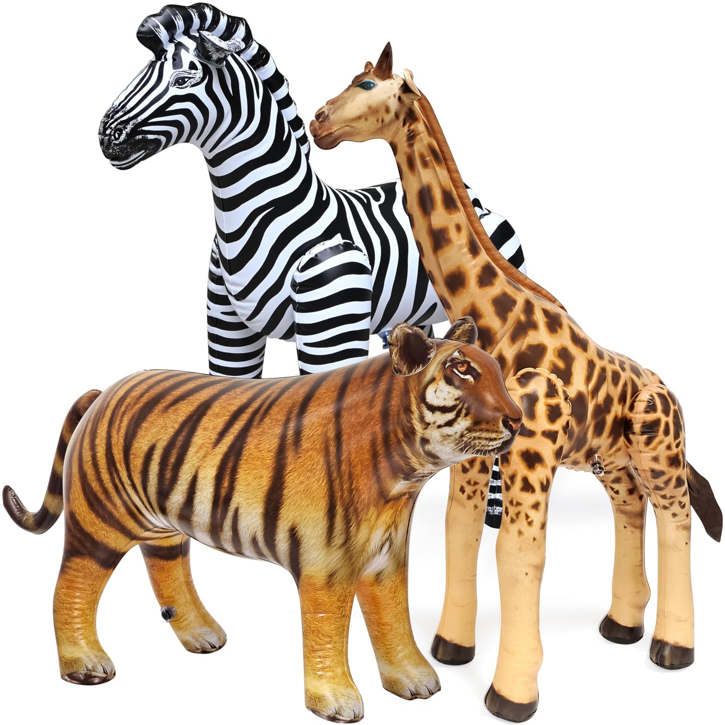Jet Creations Life on Earth Wildlife Safari Inflatable, 3-PK, Giraffe(36"), Zebra(32"), Tiger(20"), Realistic Animals for Party Decoration, Pool, Birthday, Jungle Photo Prop