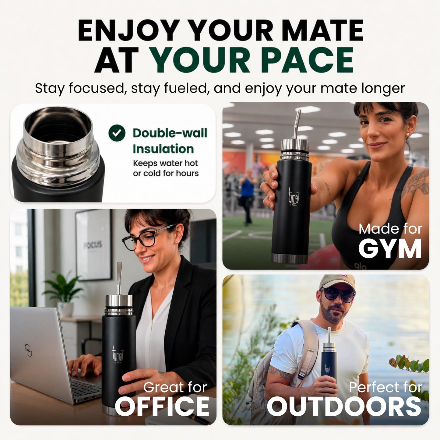 Tuma Tu Mate Automate - Self-Serving Yerba Mate Cup & Insulated Thermo Bottle with Spout, Mate Listo Fluvion Autocebante System, Stainless Steel Kit with Thermometer & Measuring Spoon, 750ml - 25.3oz