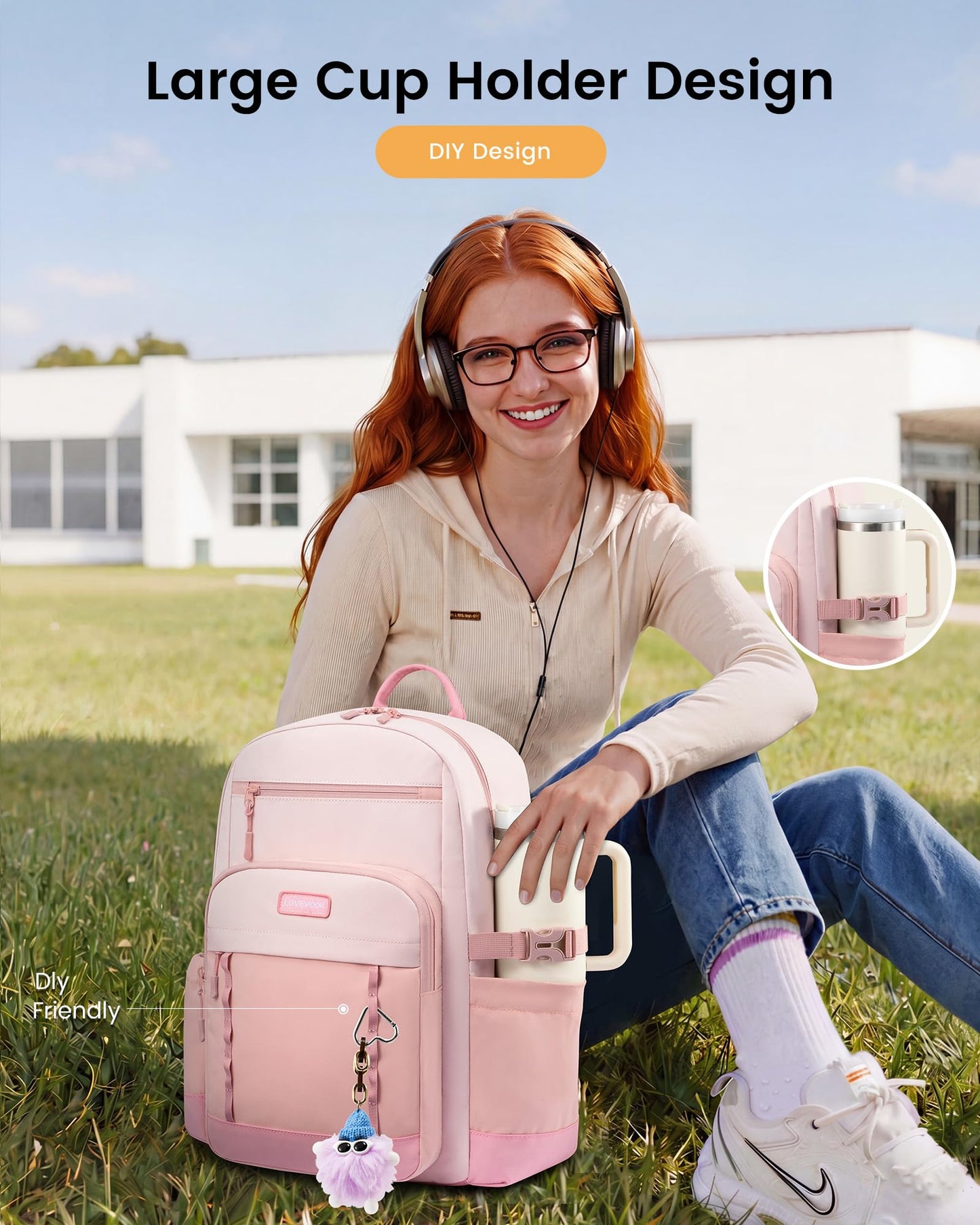 LOVEVOOK Laptop Backpack for Women with Large Cup Holder,15.6Inch DIY Design Travel Work Backpack Computer Laptop Bag,Waterproof Nurse Teacher College Commuter Backpack Purse,Gift for Women Men,Pink