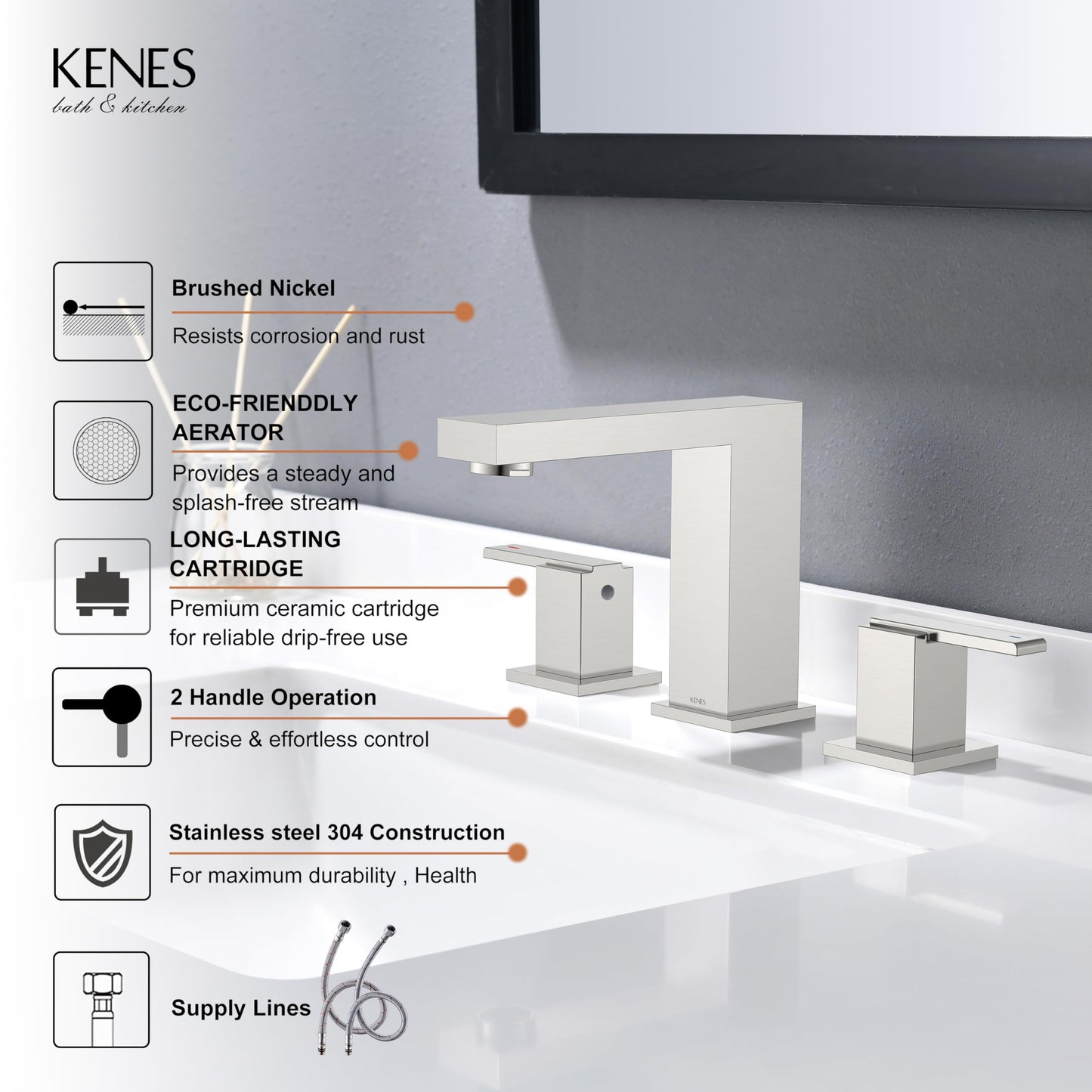 KENES 2 Handle Widespread Bathroom Faucets Brushed Nickel, Bathroom Sink Faucet 3 Hole Vanity Faucet with Lead-Free Supply Hose, KE-9050