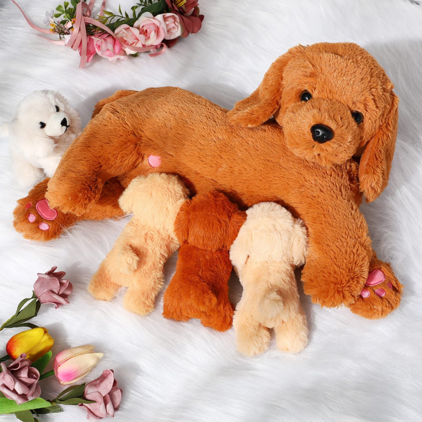 Nurturing Dog Stuffed Animal with Puppies, Soft Cuddly Golden Retriever Plush Toys for Girls Boys Plushy Nursing Mommy Dog with 4 Stuffed Baby Puppies for Birthday Party Favor Gifts (Golden Retriever)
