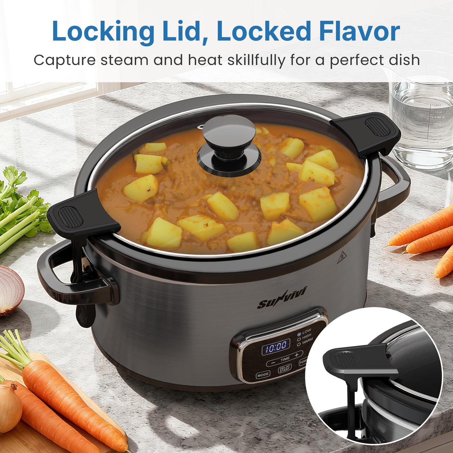 SUNVIVIPRO 4QT Slow Cooker, Programmable Pot with Removable Ceramic Pot, Locking Lid, 3 Heating Settings & Time Control,Dishwasher-safe Lid & Pot, Grey
