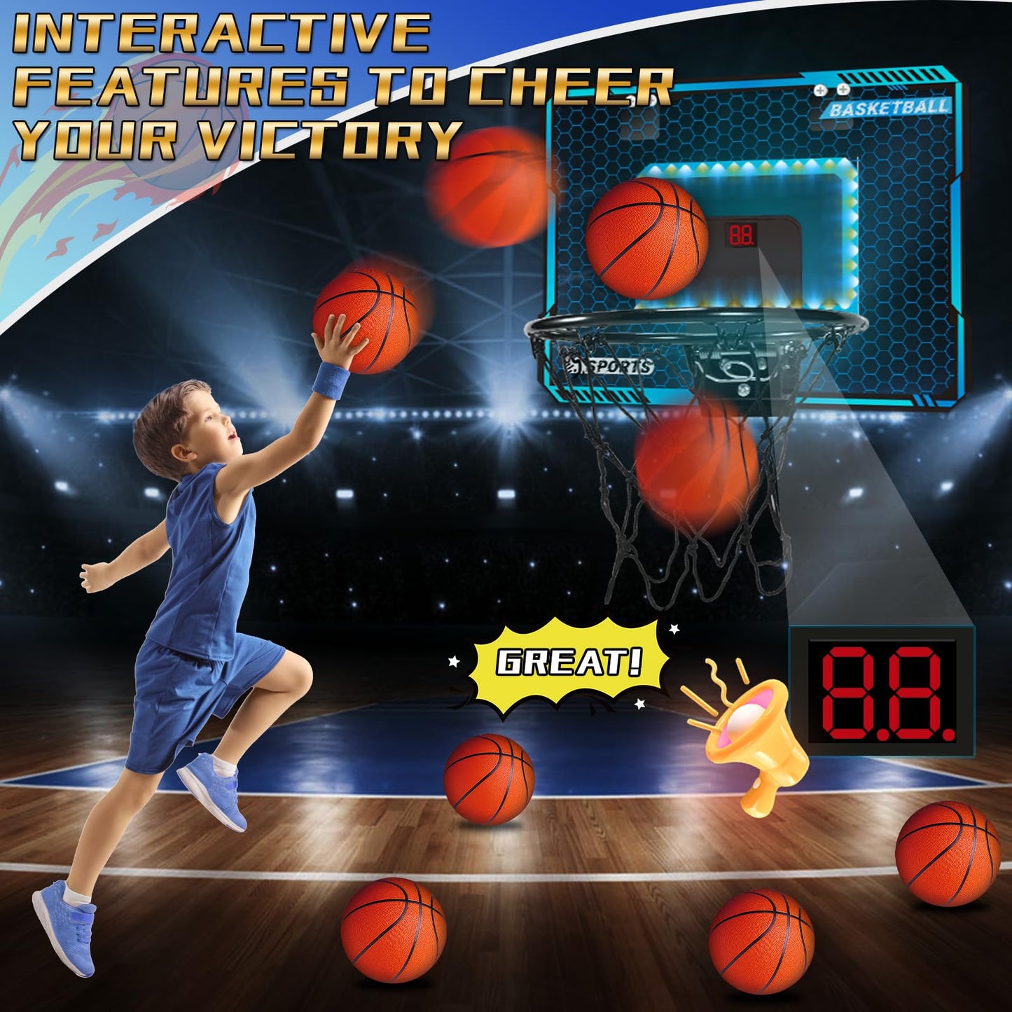 Toys for Boys, Indoor Basketball Hoop for Kids Age 5-10, with Electronic Scoreboard & 3 Balls - Over The Door Mini Hoop for Boys' Birthday