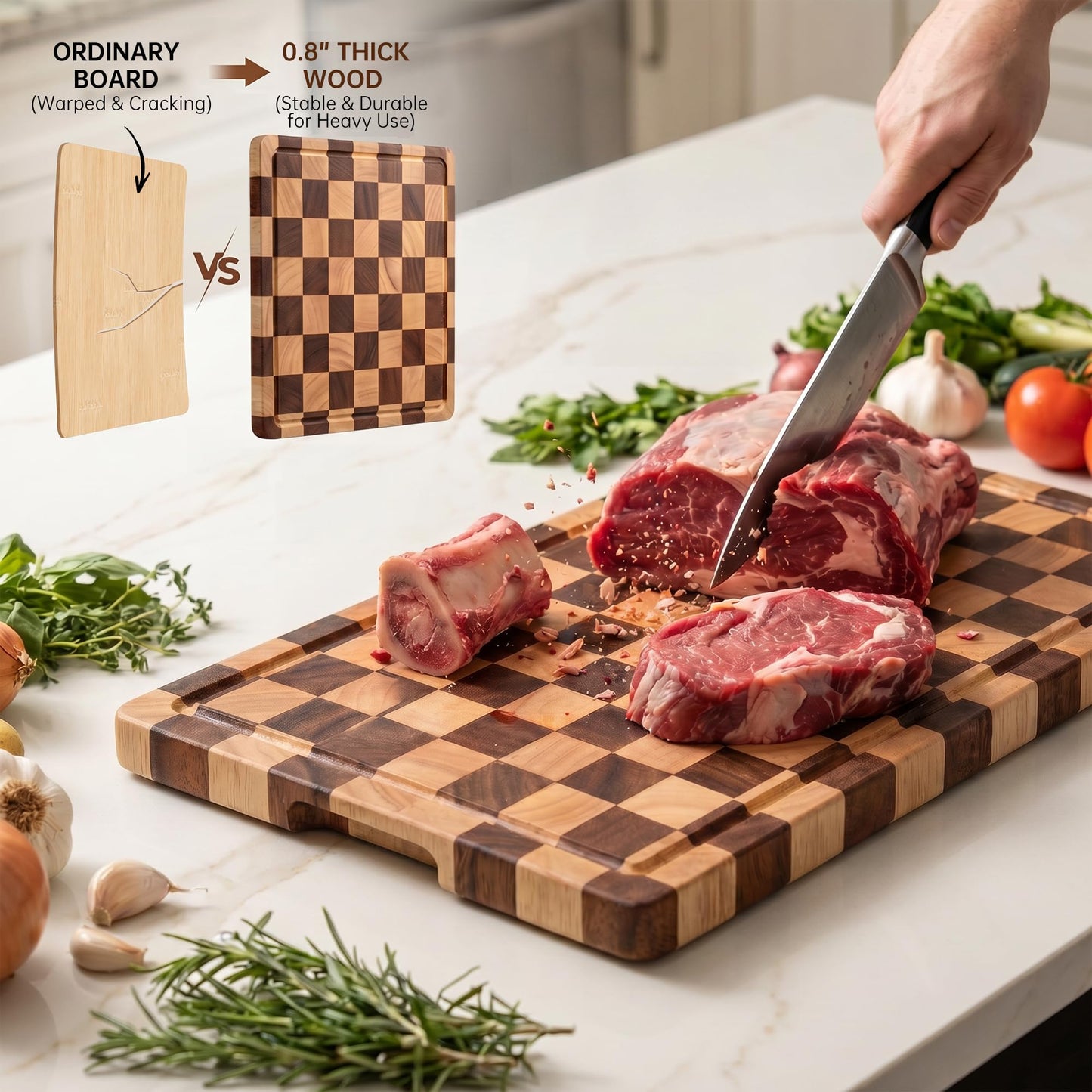 THETCHRY Cutting Boards for Kitchen, Checkered Cutting Board Upgraded, Acacia Wood Chopping Board with Juice Grooves & Handles, Large Butcher Block Serving Tray with Gift Box, 17"X12"X0.8"