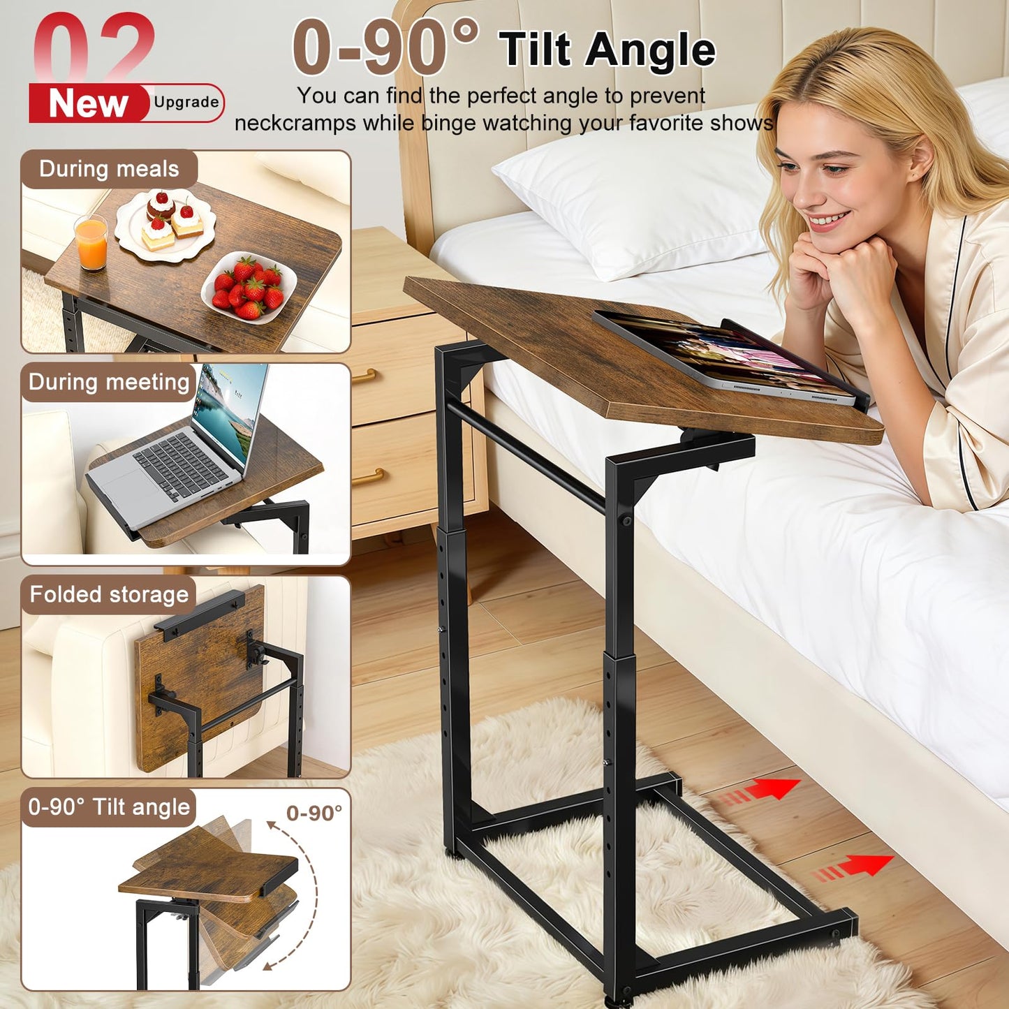 Tv Tray Table, Adjustable Height Couch Narrow Side Table,90° Tilt Angle foldable End Table, Laptop Table with Phone & Tablet Slot Dinner Tray Desk for Recliner/Sofa/Bed/small Living Room (Brown)