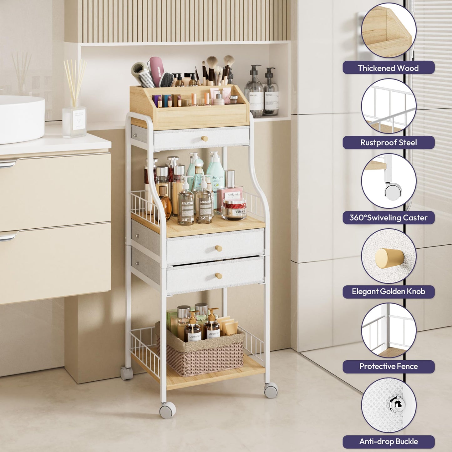 SWTYMIKI Rolling Makeup Organizer Cart - Floor Skincare Storage with Non-woven Drawers, Vanity Organizer Cosmetic Display Cases with Wheels, Cabinet for Skin Care Perfume Nail Polish Brush Hair Tool