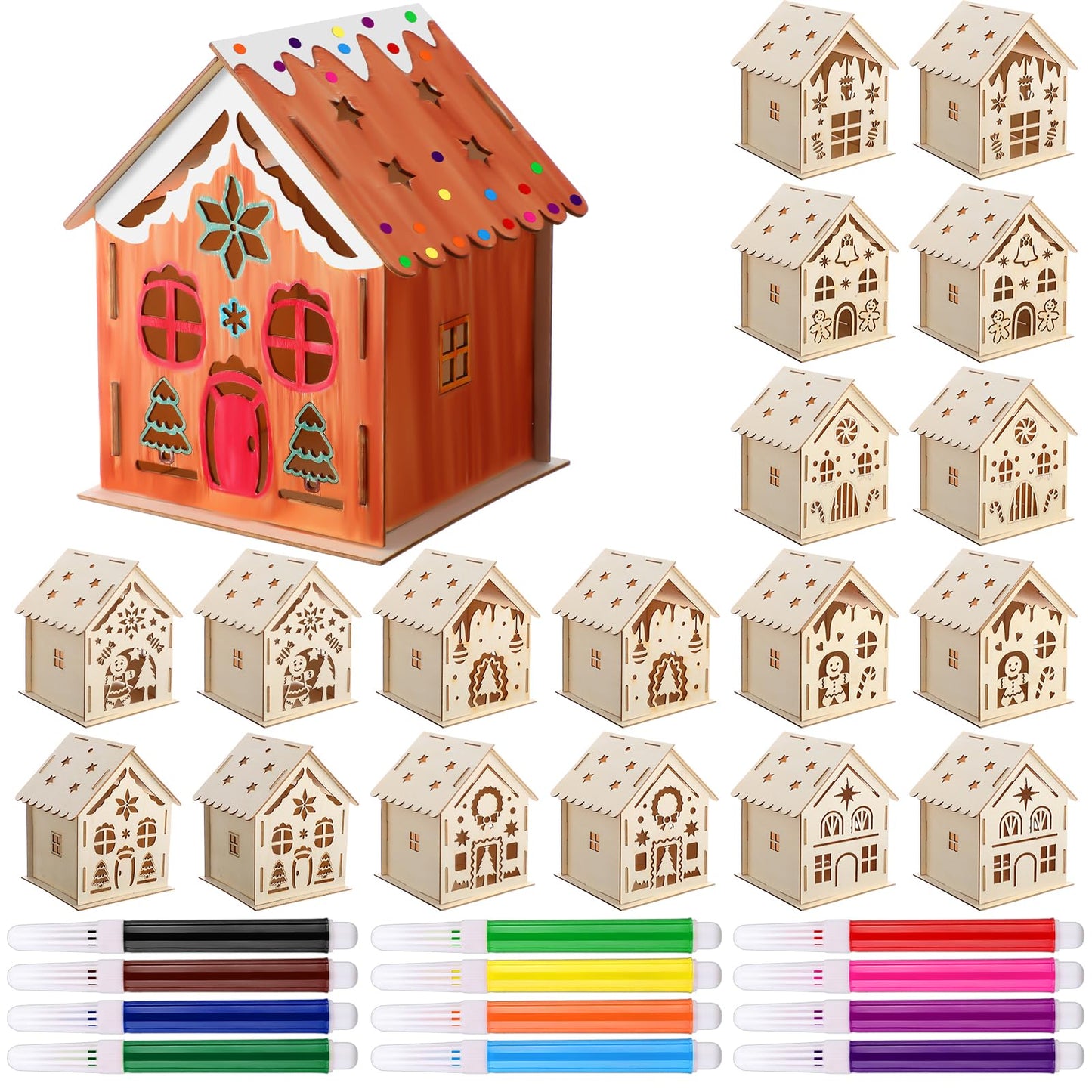 Kathfly 18 Sets Wooden Christmas Houses and Watercolor Pens, Christmas Graffiti Crafts Gingerbread Wooden Houses Christmas Tree Ornaments for Kids DIY Paint Art