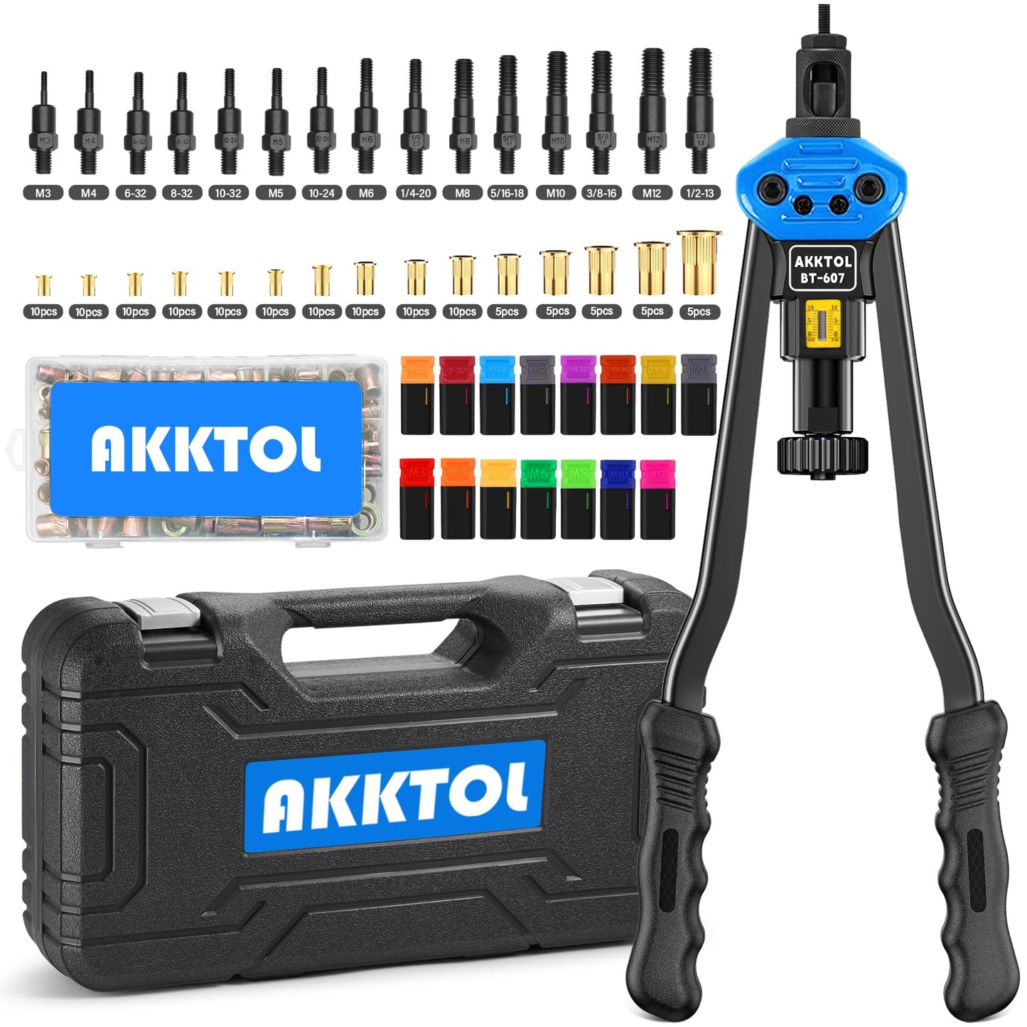 AKKTOL Rivet Nut Tool kit, 16" Rivnut Tool Kit with 15 Metric and SAE Mandrels, 125-PCS Rivet Nut Assortment Kit, Rugged Carrying Case, Ideal for Sheet Metal & Automotive Work