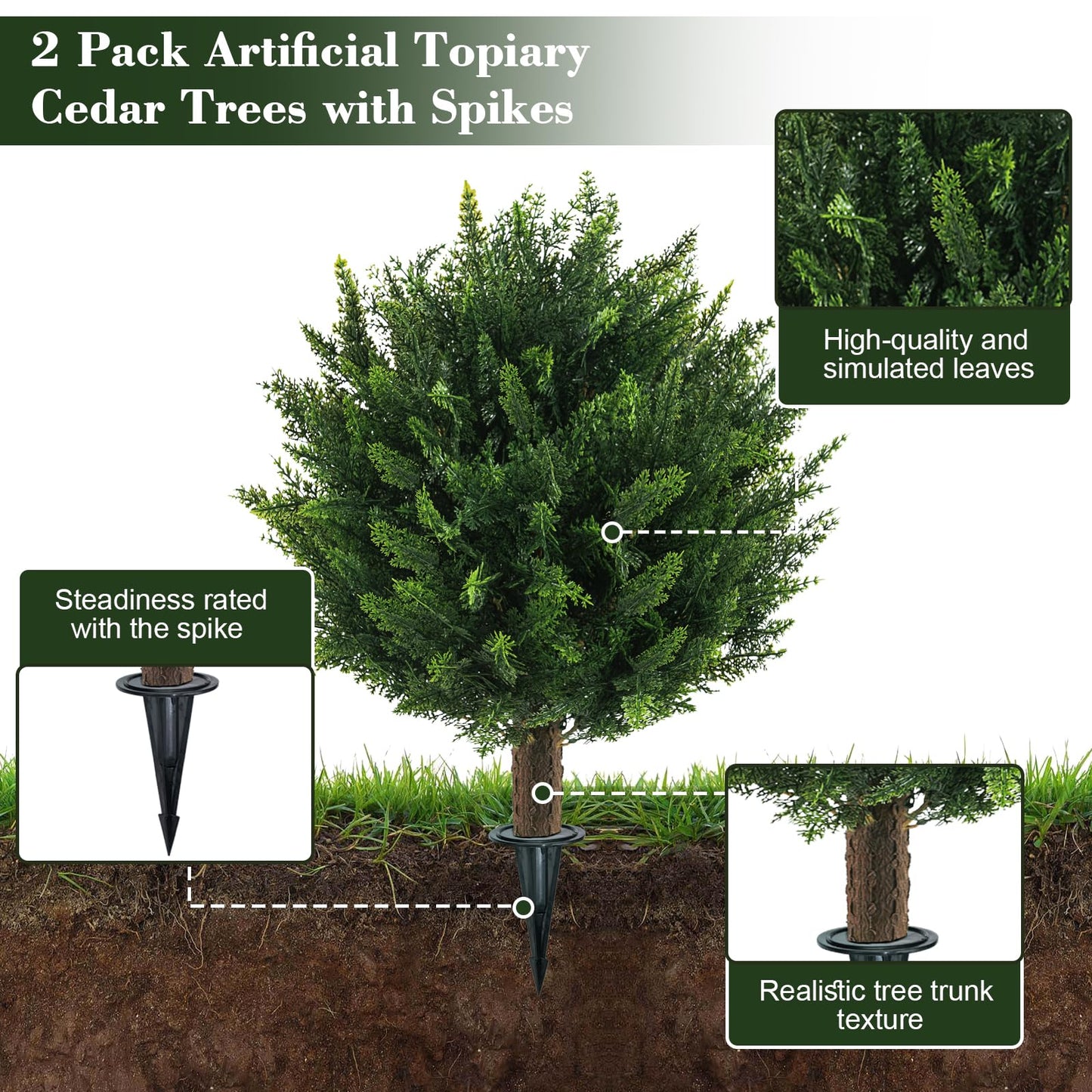 Chillchard 21" Artificial Cypress Topiary Outdoor Plants with Spike, 2 Pack Faux Cedar Bushes UV Resistant Fake Shrubs for Front Porch Décor