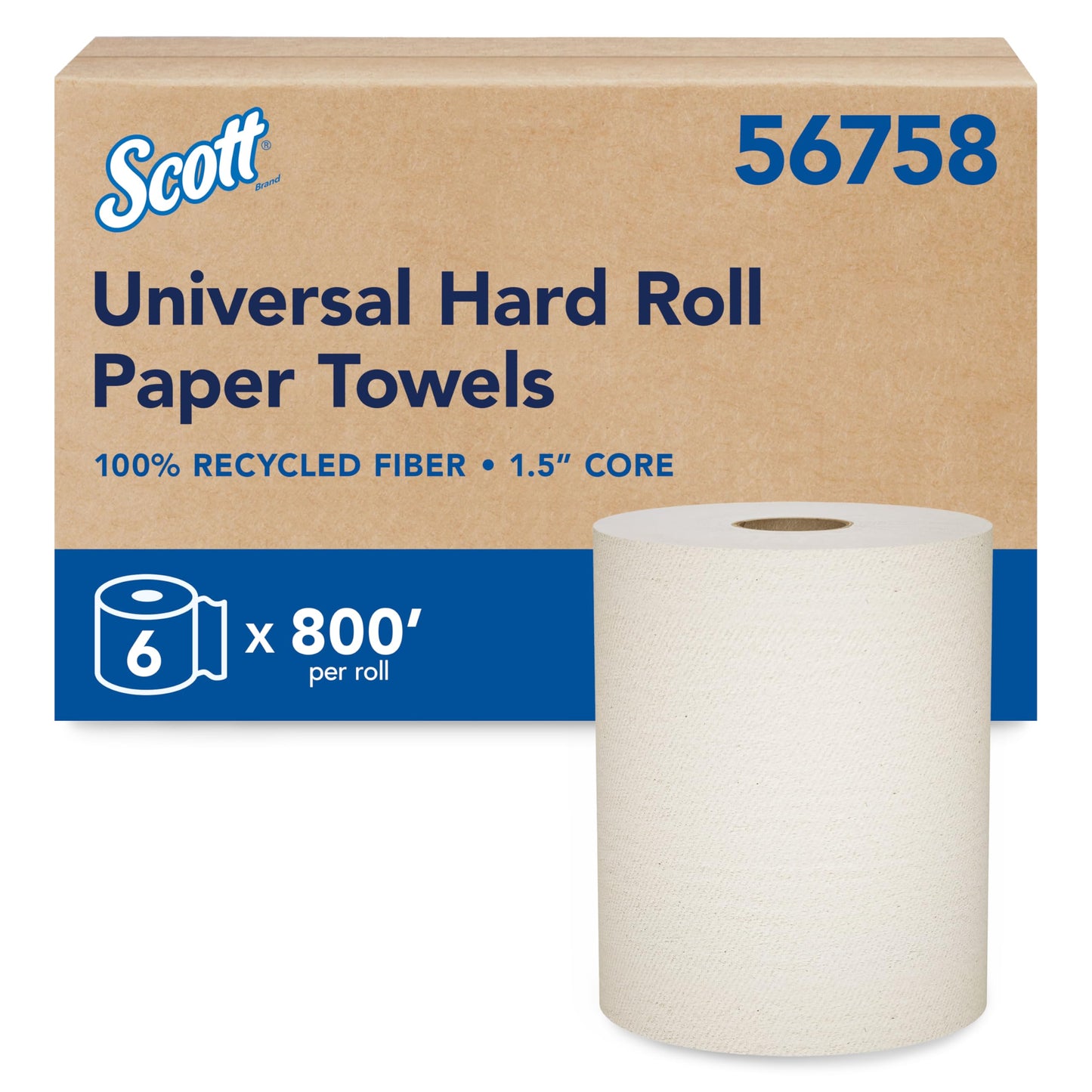 Scott Professional Universal 100% Recycled Fiber Hard Roll Paper Towels, Bulk (56758), Hardwound 1.5" Core, Absorbency Pockets, Compressed, Brown (6 Rolls at 800' Each, 4,800'/Case)