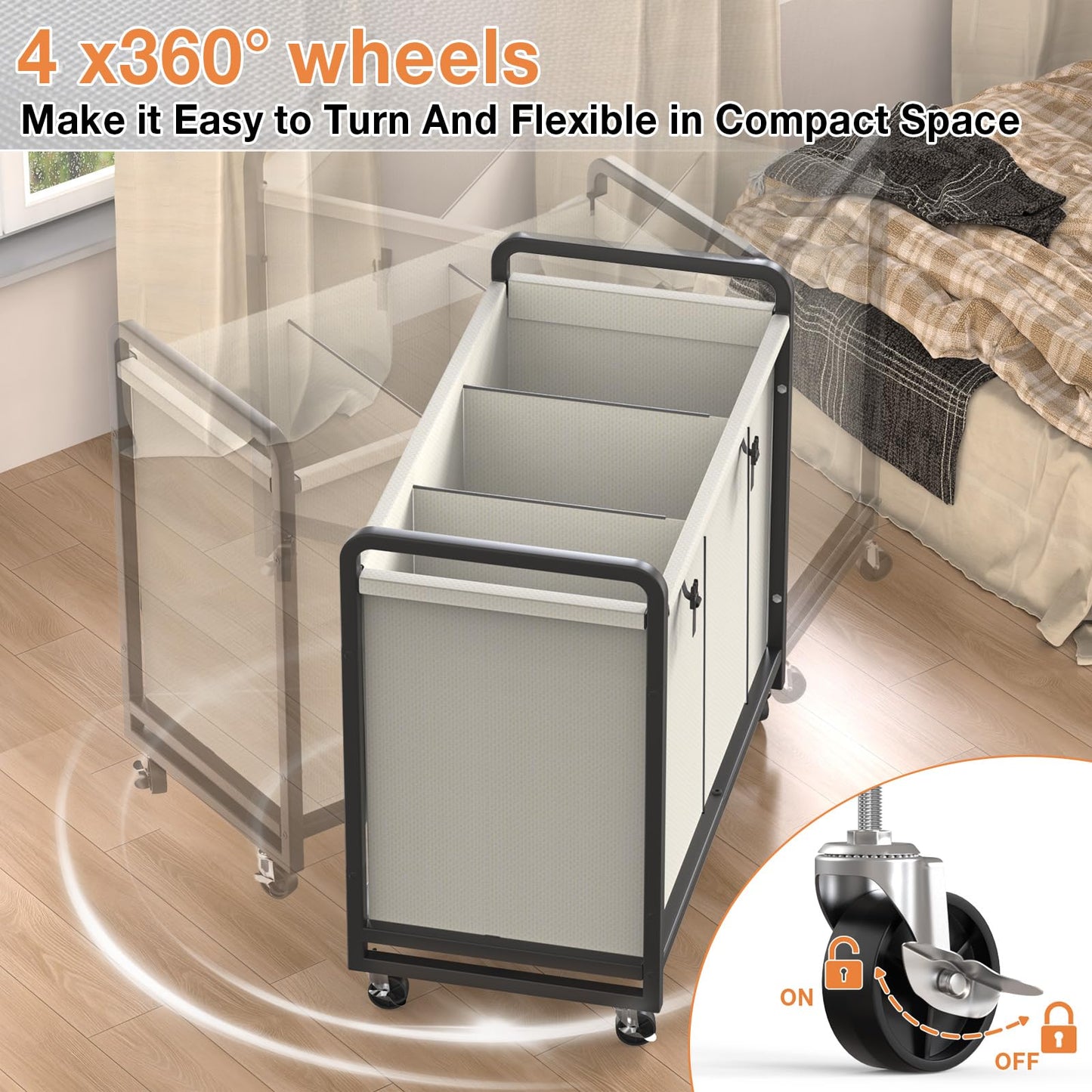 60 Gal (230L) Laundry Sorter 3 Section with Lid, Laundry Hamper Cart with Heavy Duty Rolling Lockable Wheels and Metal Handle,Laundry Basket Organizer with Removable Bag for Laundry Room - White