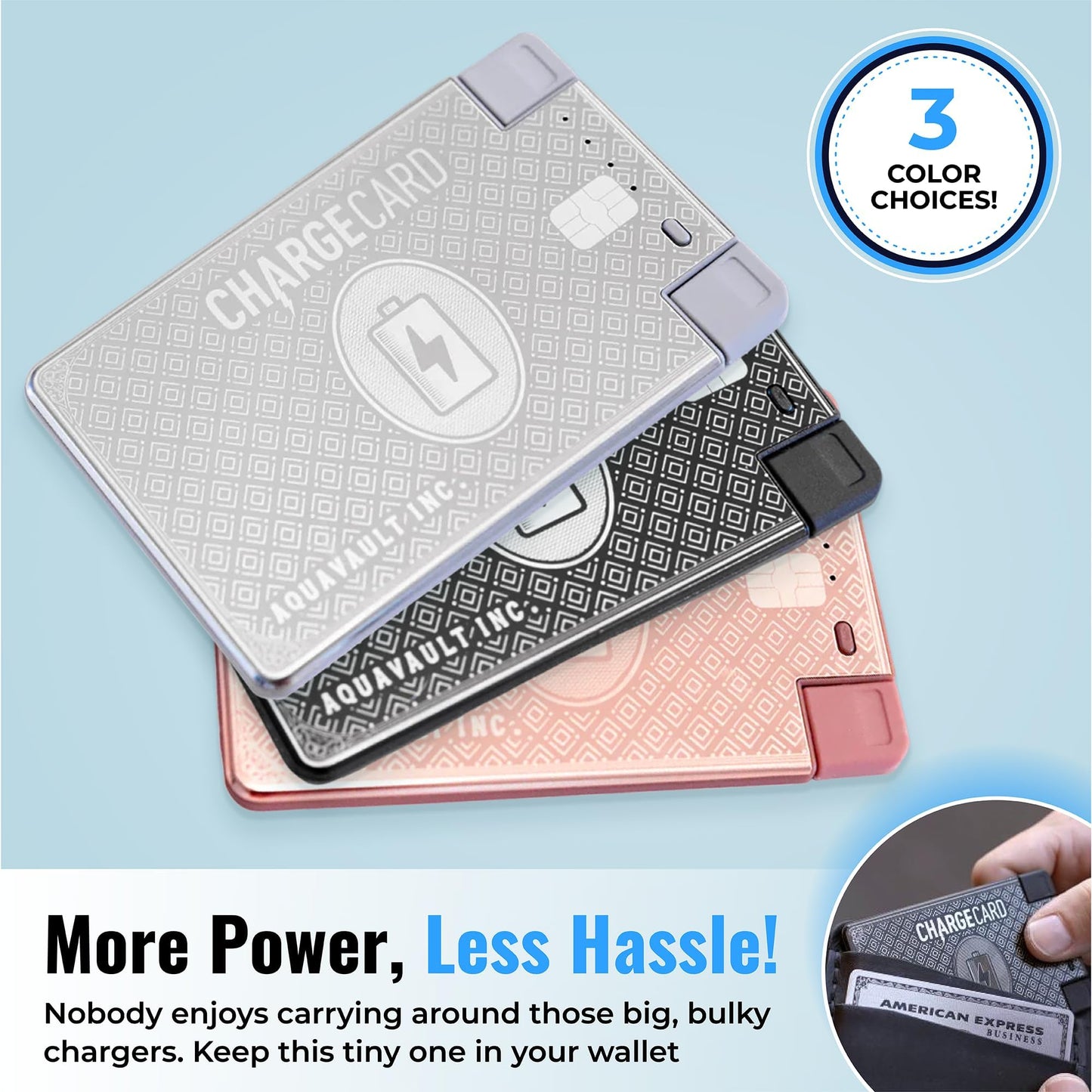 Ultra Thin Emergency Phone Charger. Portable Power Bank that Fits in Your Wallet. Works with All Phones. 2300mAh &1.5A Fast Charge. Built in Cables (Lightning, USB-C, Micro USB) - ChargeCard BLACK