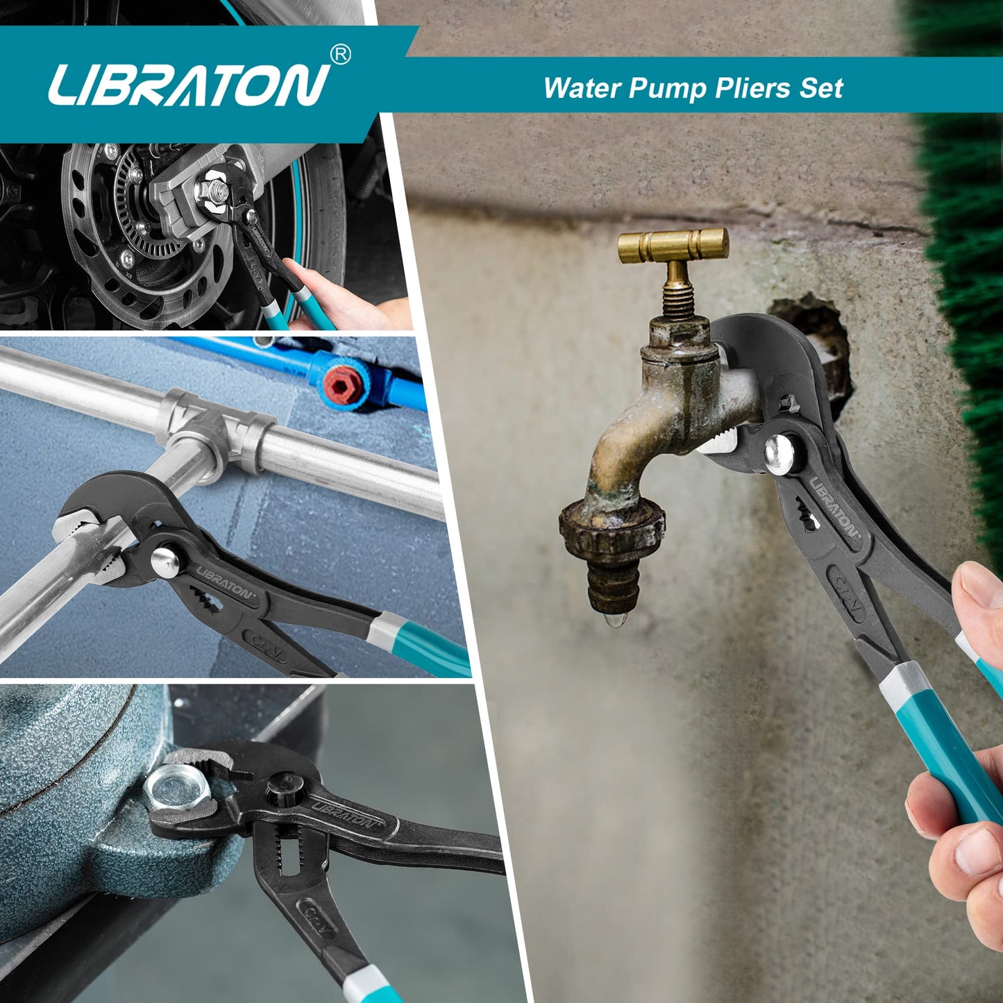 Libraton Water Pump Pliers, Groove Joint Pliers Set, V-Jaw Tongue and Groove Pliers in CR-V Steel, 7 10 12Inch Plumbing Pliers, Adjustable Pliers, Ratcheting Push Button Adjustment Mechanism