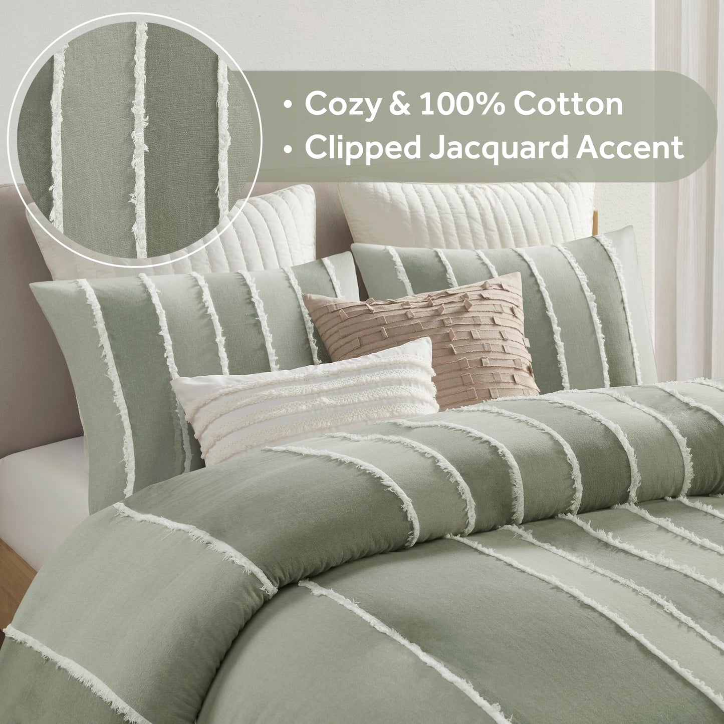 INK+IVY King Duvet Cover Set Boho Duvet Covers Stripes, Clipped Jacquard, Cotton Duvet Cover for King Size Bed, All Season Lightweight King Bedding Cover & Shams, Shay, King/Cal King, Sage 3 Piece