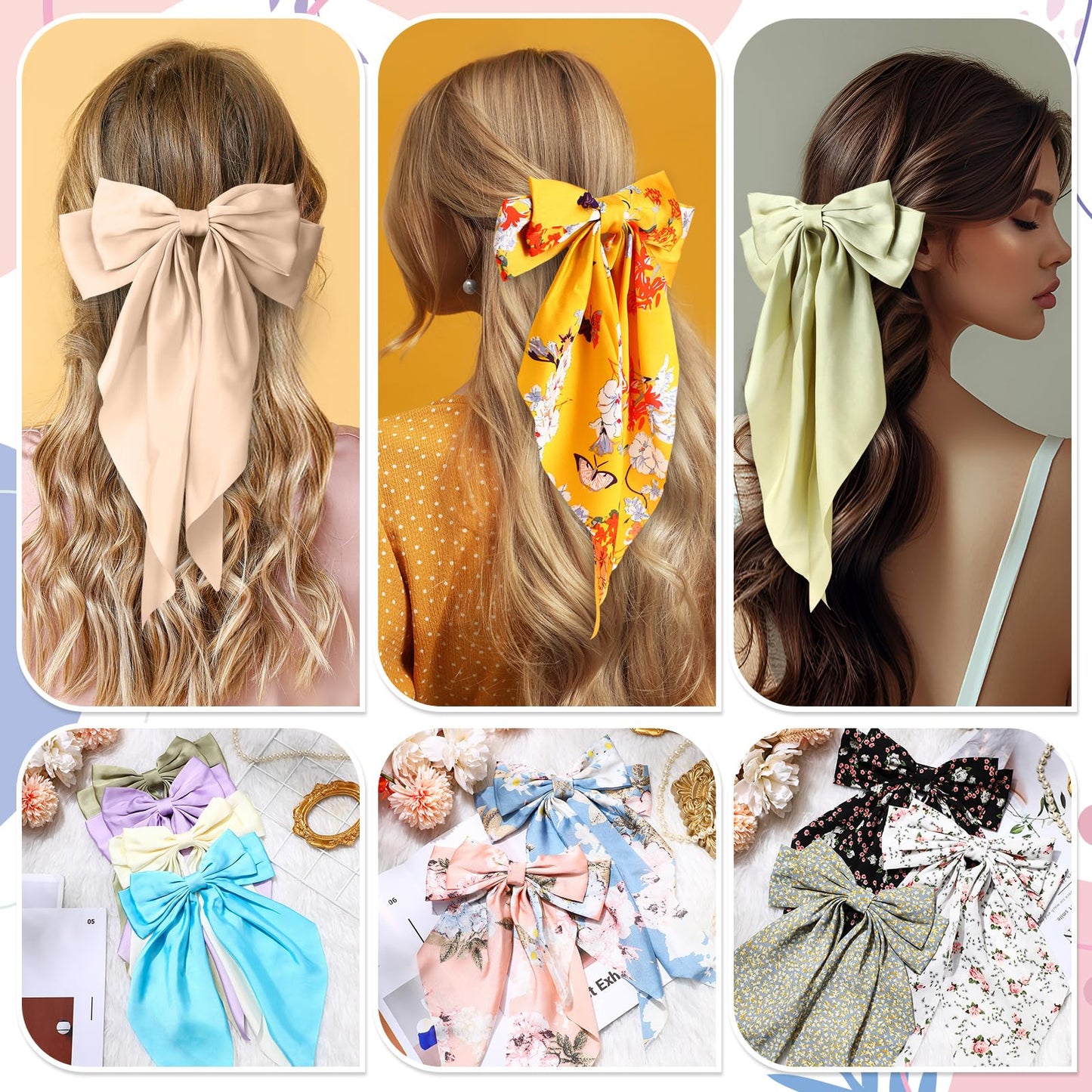 Mimorou 36 Pcs Big Hair Bows for Women Silky Satin Hair Bows Bulk Oversized Long Tail Black White Hair Bow Large Hair Ribbons Hair Clips Barrettes Large Metal Clips Bowknot Hair Accessories Gift