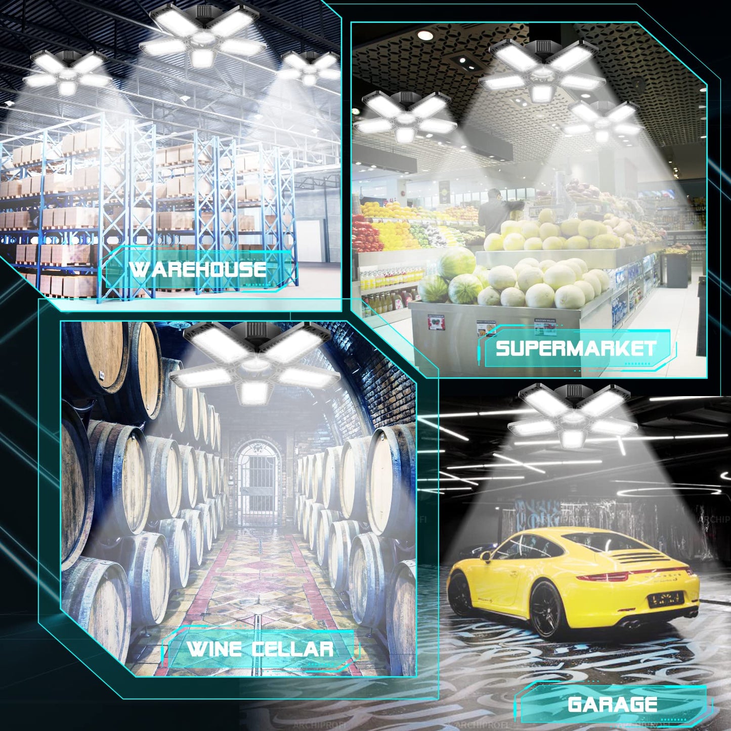YIBEYYDS LED Garage Light - 160W 16000LM 6500K LED Garage Ceiling Lights, Screw in Shop Lighting 5+1 Deformable Panels for Attic, Basement, Workshop, E26/E27 (6)