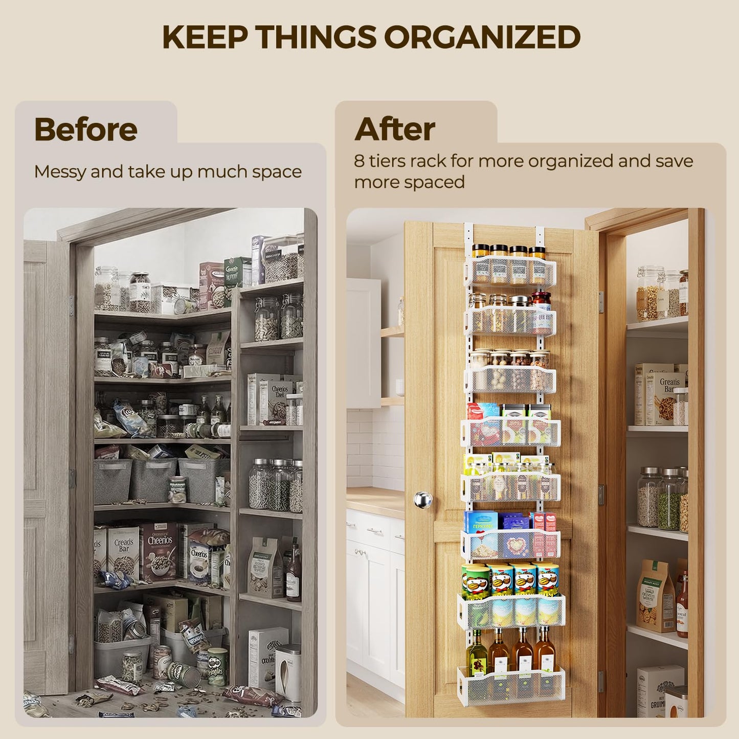 Delamu 8 Tier Over the Door Pantry Organizer, 2in1 Hanging or Wall Mount Spice Rack Seasoning, Adjustable Heavy-Duty Narrow Pantry Door Organizer and Storage for Kitchen Cabinet and Bathroom,12" White