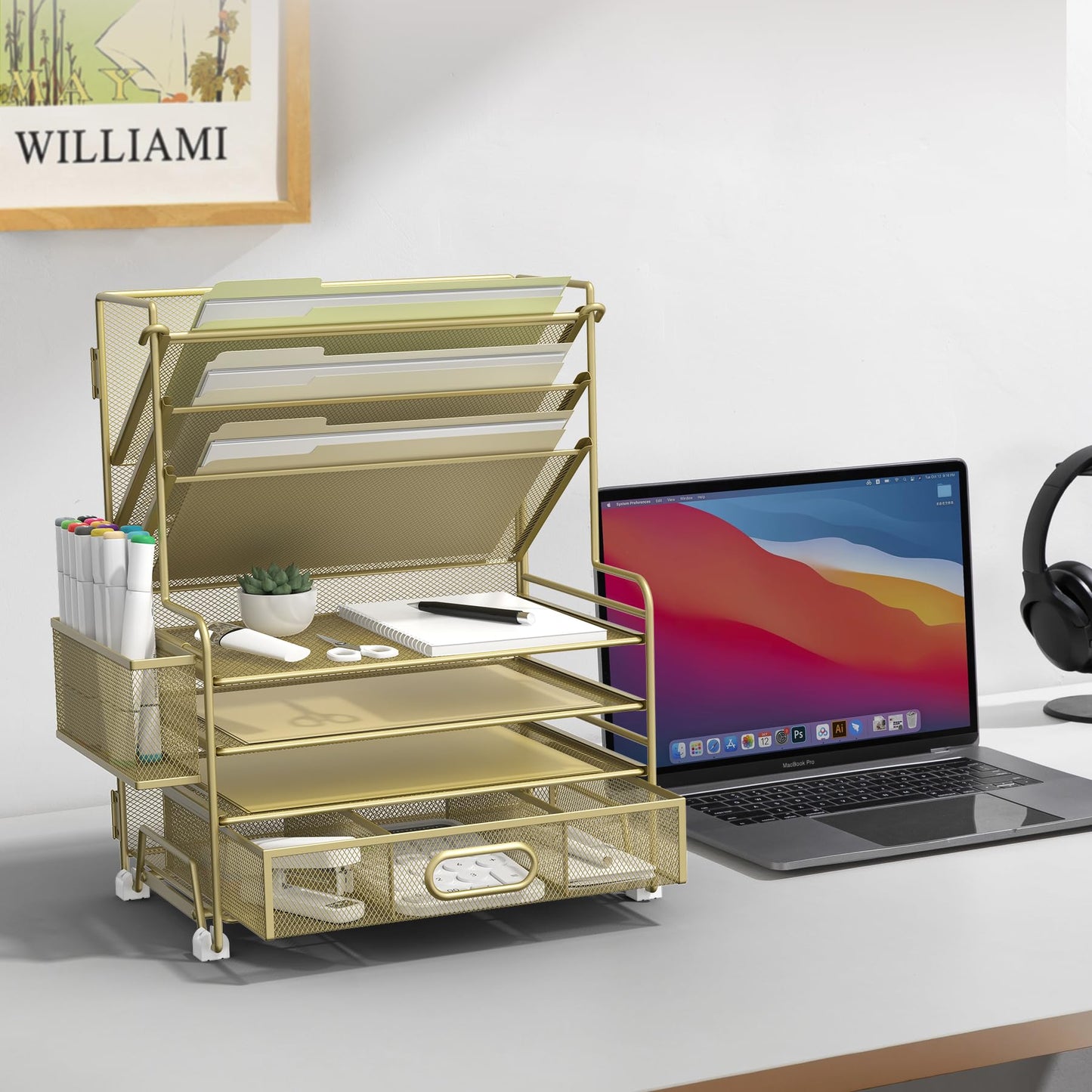 MINDEPOT 4-Tier Paper Organizer + 3-Pocket File Holder + Drawer + Pen Holders, Desktop File Organizers Paper Tray for Office Supplies School Classroom Organization (Gold, with Drawer & Pen Holder)