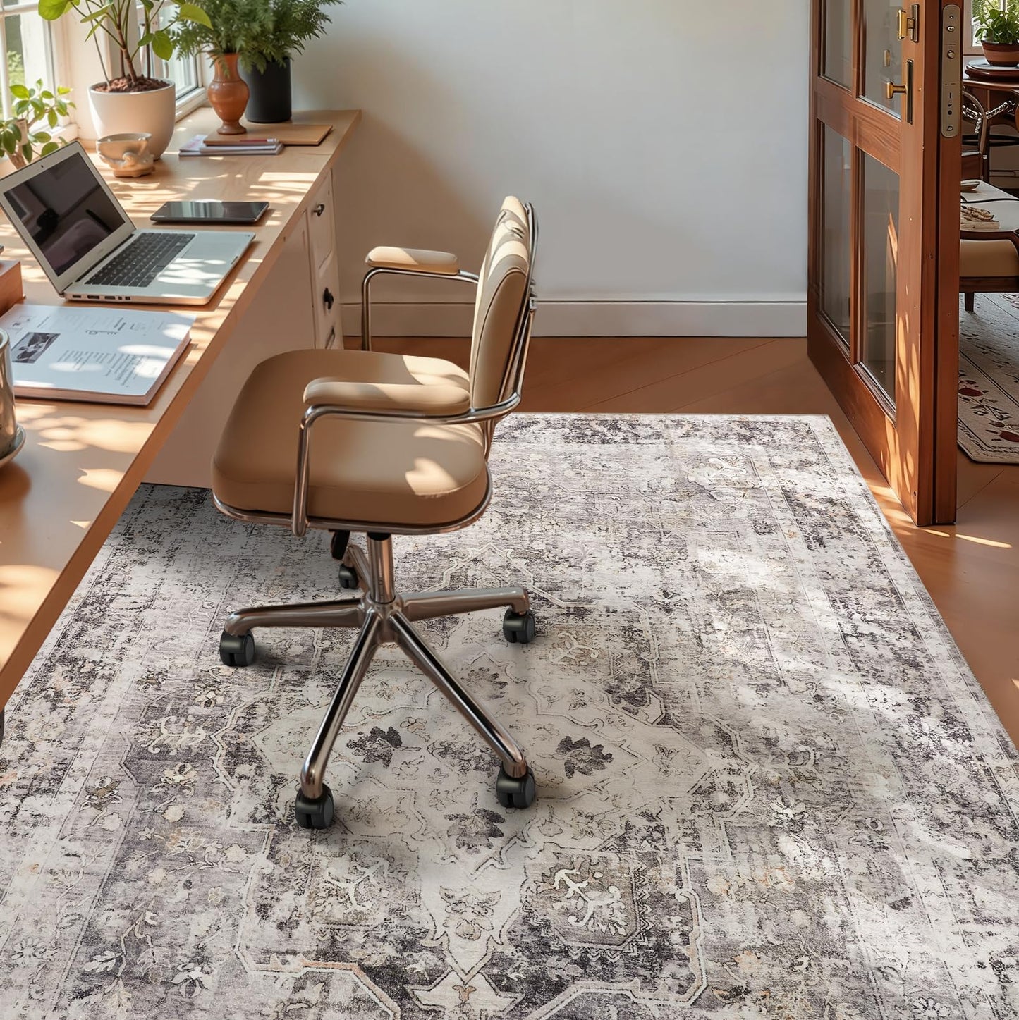 YOH Boho Washable Rug 5x7, Charcoal Gray Vintage Non Slip Area Rug, Distressed Indoor Carpet for Living Room Bedroom Kitchen Office