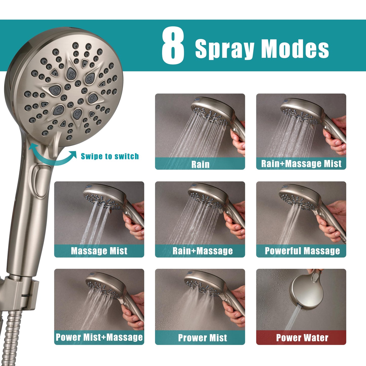 GwernKB Handheld Shower Head with on off Switch&Built-in Power Spray,7-Setting High Pressure Shower Wand with 79in Long Hose&Bracket and Extra Adhesive Shower Holder for Lower Mount,Brushed Nickel