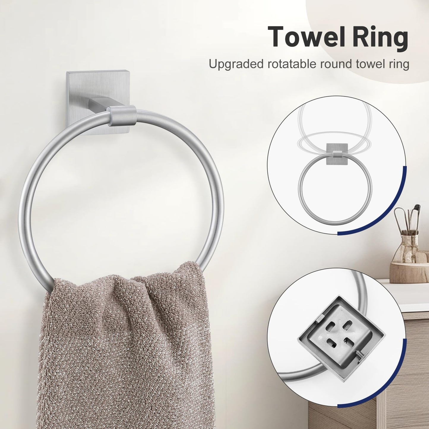 5 Pieces Bathroom Hardware Set, Brushed Nickel Towel Bar Set Includes 23.6” Towel Bar, Towel Ring Holder, Toilet Paper Holder and Two Towel Hooks, Bathroom Accessories Set SUS304 Wall Mounted