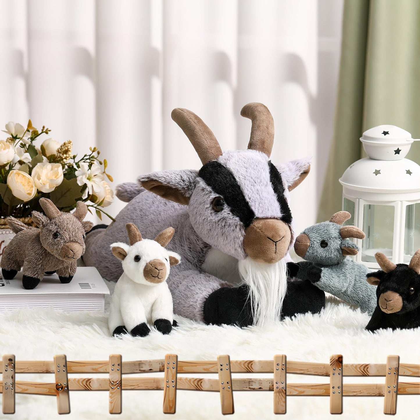 HyDren 5 Pcs Goat Plush Toy Set 18 Inch Mommy Goat Stuffed Animal with 4 Stuffed Kids in Zippered Tummy Soft Plushies for Children's Day Gifts Birthday Farm Party Decors Sleeping Companion